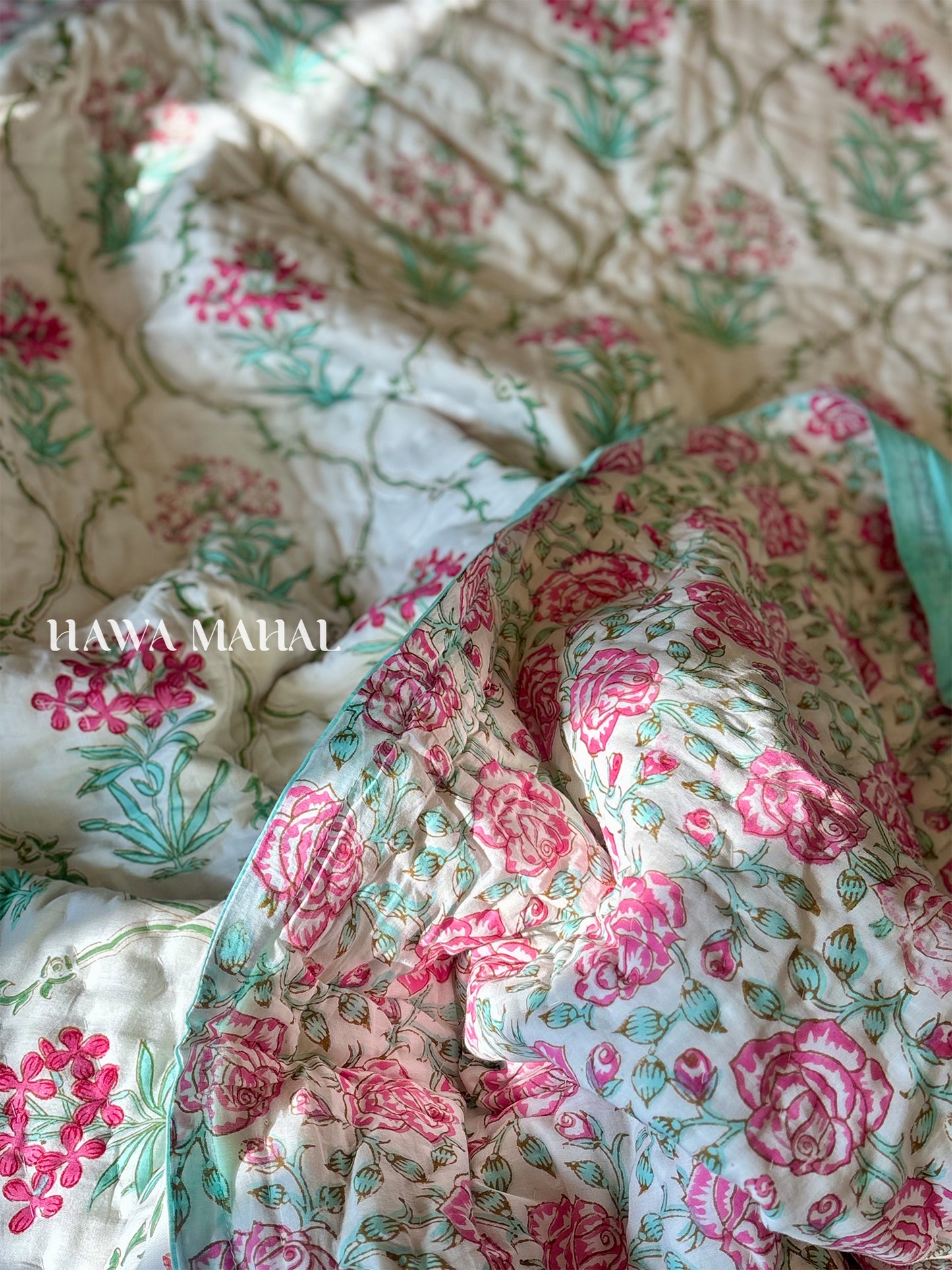 Mughal Bagh Collection - Handblock Printed Reversible Mulmul Cotton Quilt - Double (90 x 108 inch)