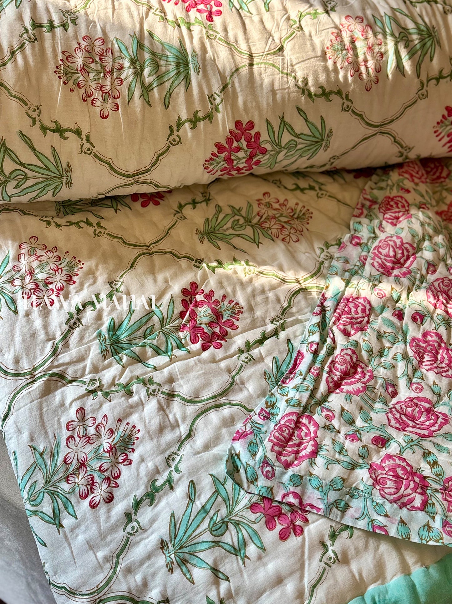 Mughal Bagh Collection - Handblock Printed Reversible Mulmul Cotton Quilt - Double (90 x 108 inch)