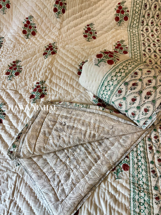 Anar Bagh Collection - Handblock Printed Reversible Mulmul Cotton Quilt - Single (60 x 90 inch)