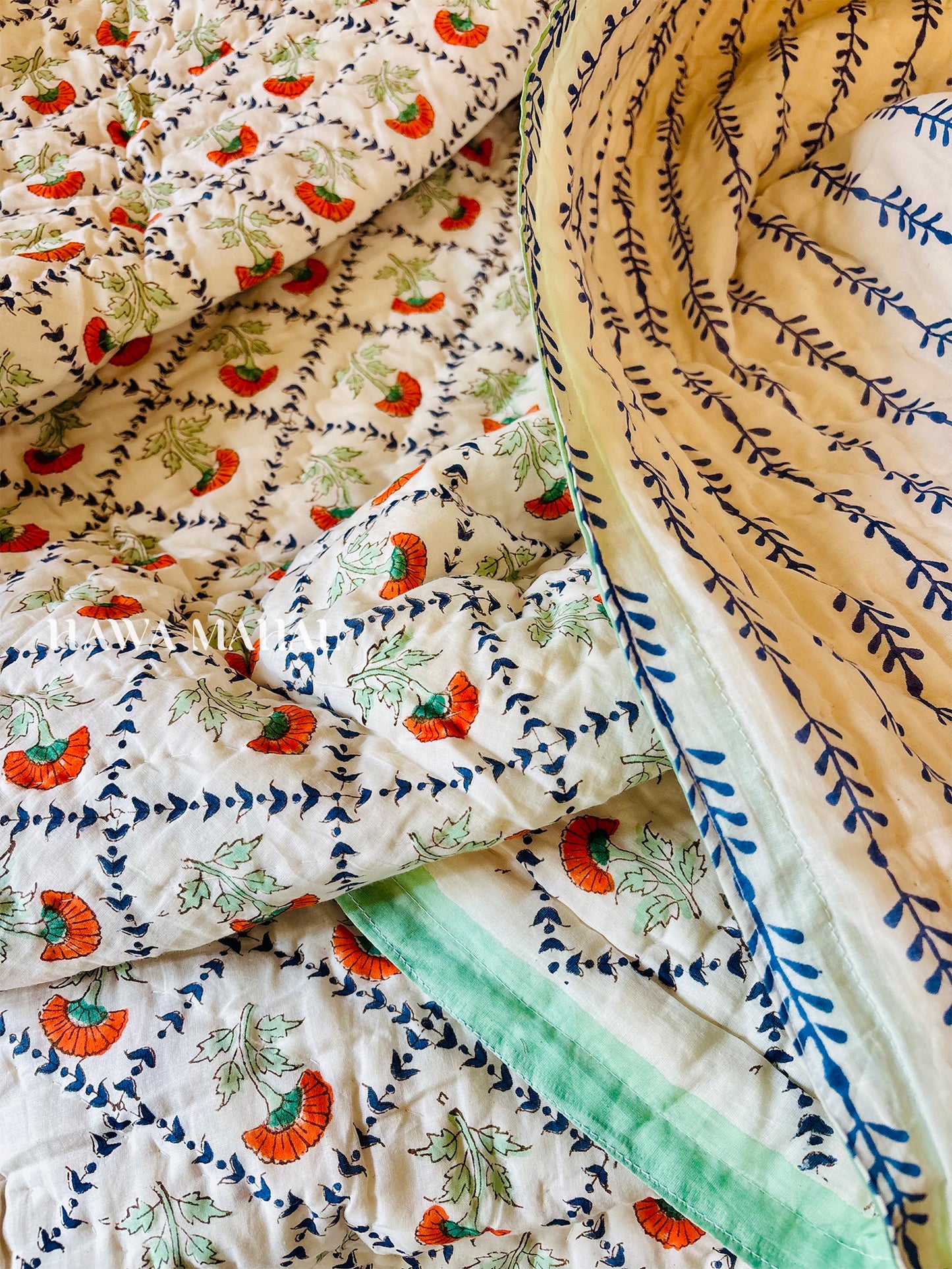 Aman Bagh Collection - Handblock Printed Reversible Mulmul Cotton Quilt - Single (60 x 90 inch)