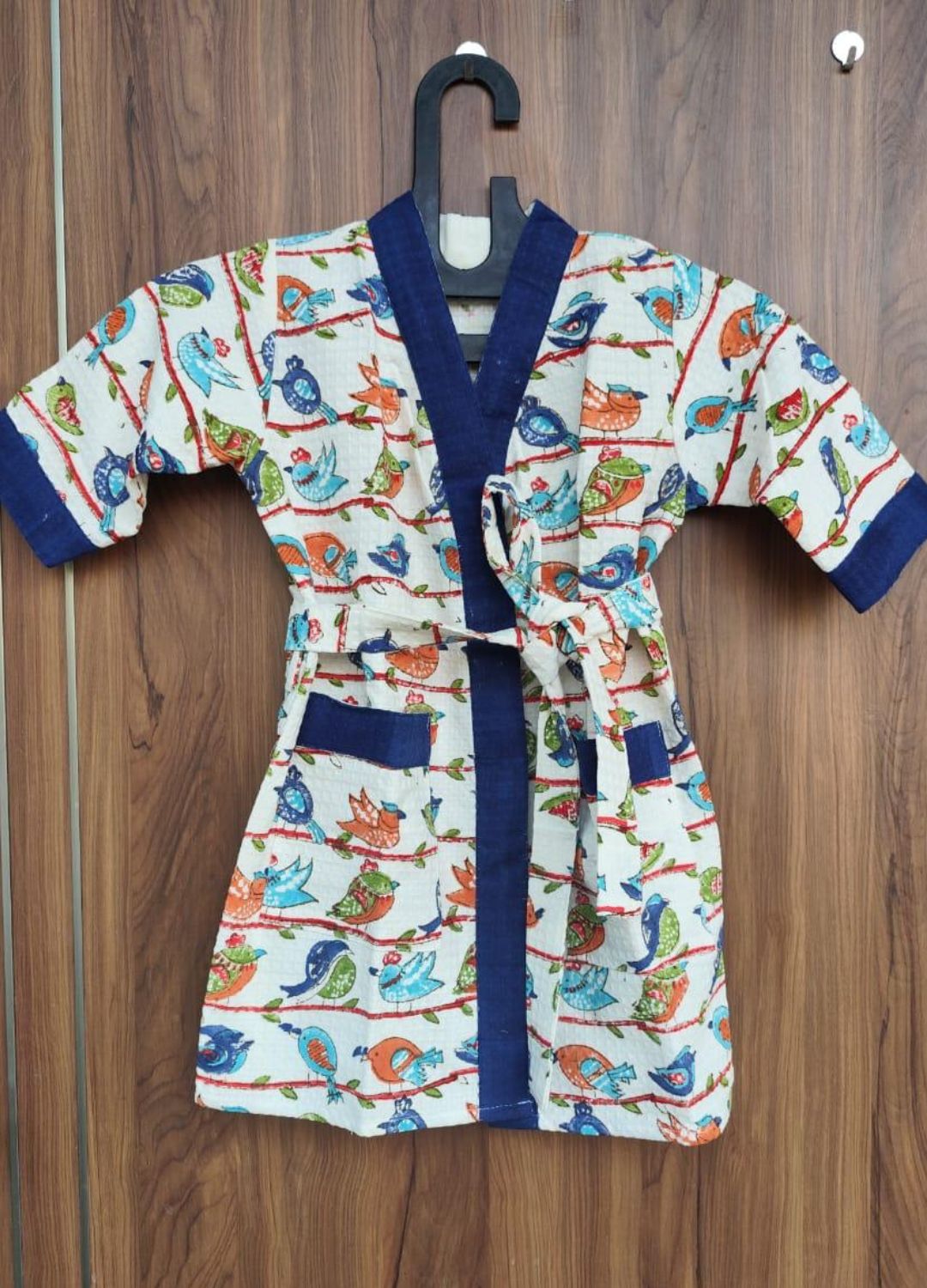 Hand Block Printed Kids Waffle Cotton Bathrobe - Birdie