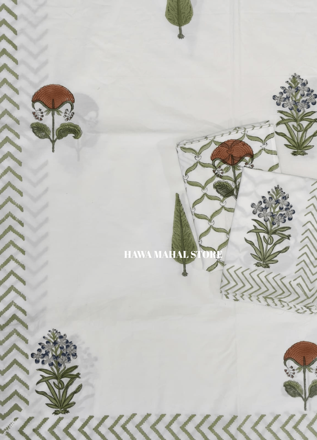 Handblock Print Percale Bedsheet with Reversible Pillow Covers