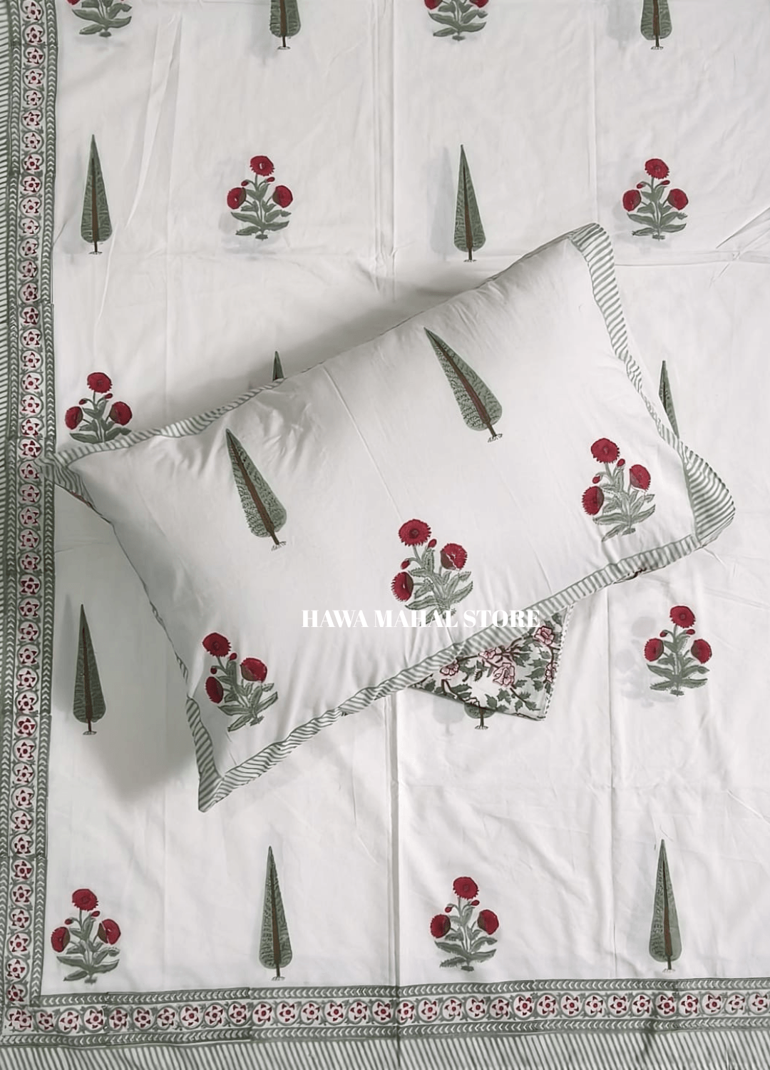 Handblock Print Percale Bedsheet with Reversible Pillow Covers