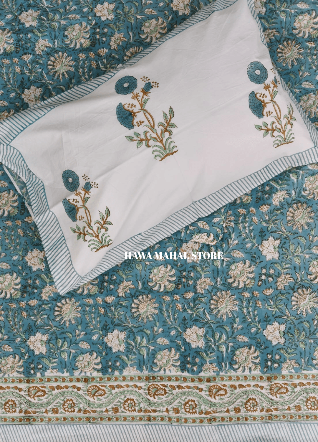 Handblock Print Percale Bedsheet with Reversible Pillow Covers