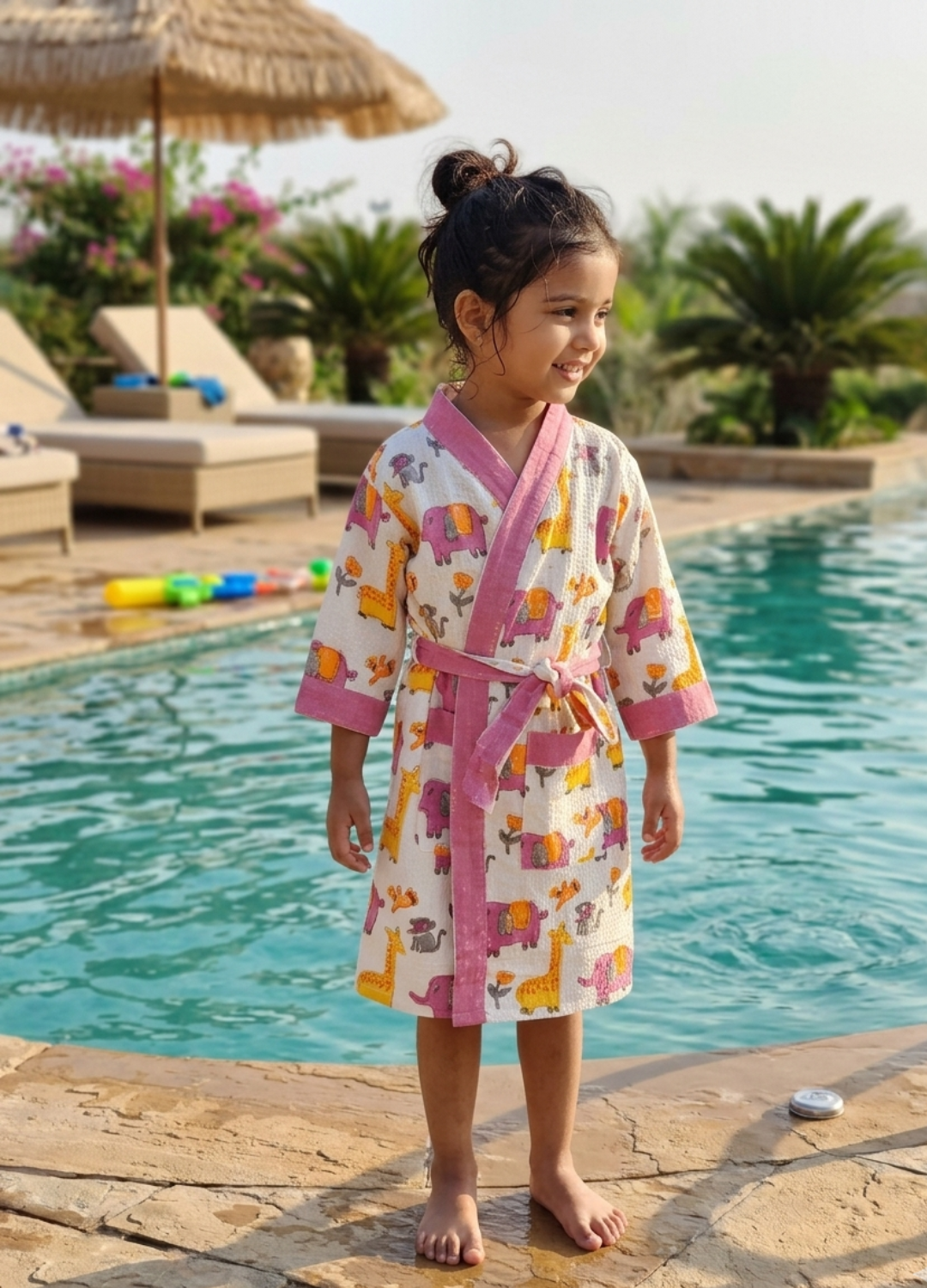 Hand Block Printed Kids Waffle Cotton Bathrobe - Pink Elephant