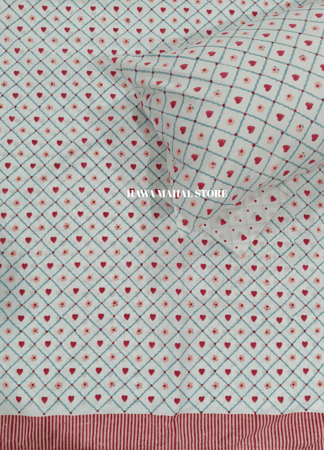 Handblock Print Percale Bedsheet with Reversible Pillow Covers