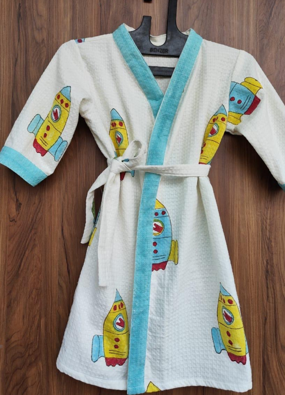 Hand Block Printed Kids Waffle Cotton Bathrobe - Rocket