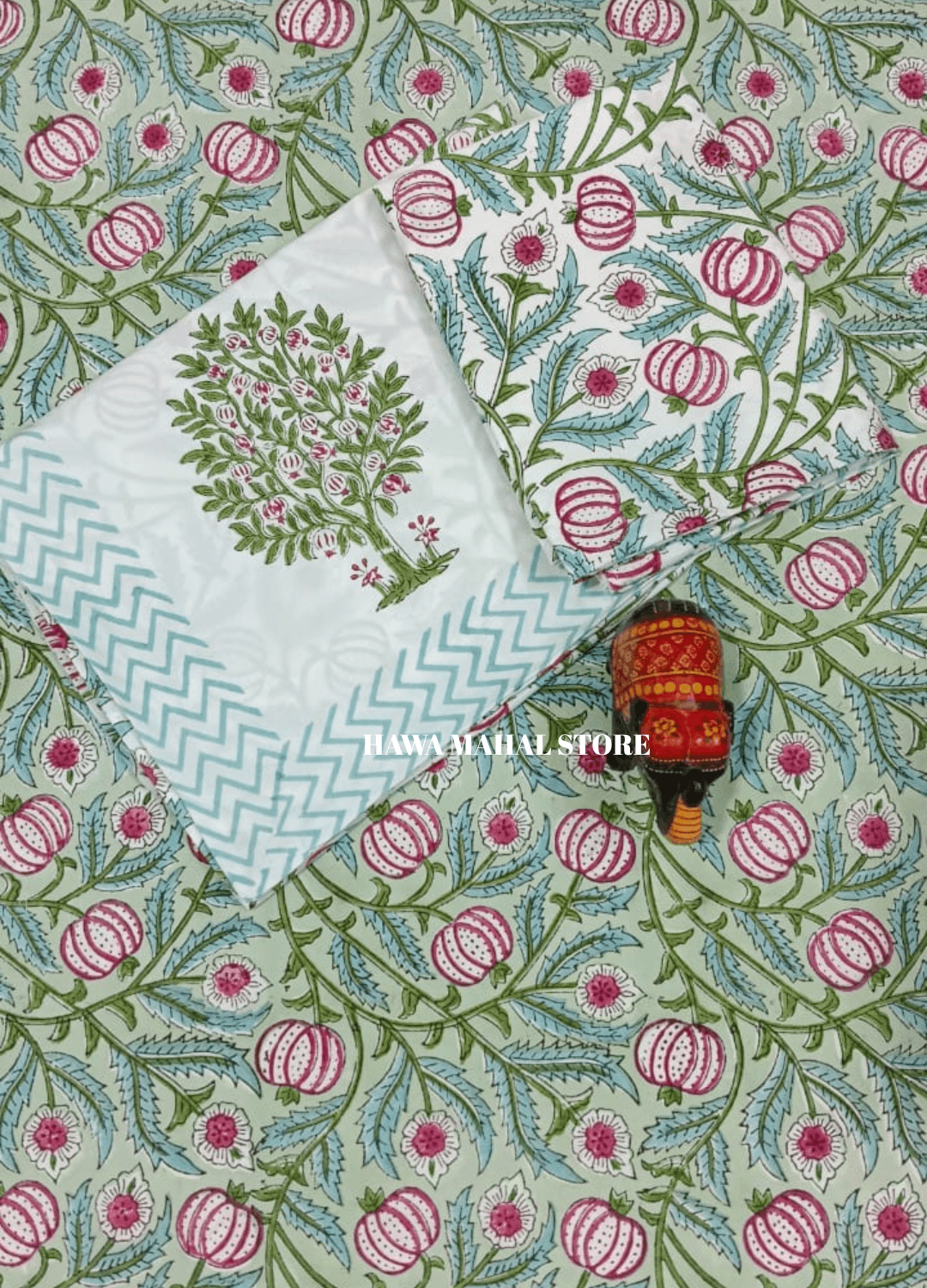 Handblock Print Percale Bedsheet with Reversible Pillow Covers