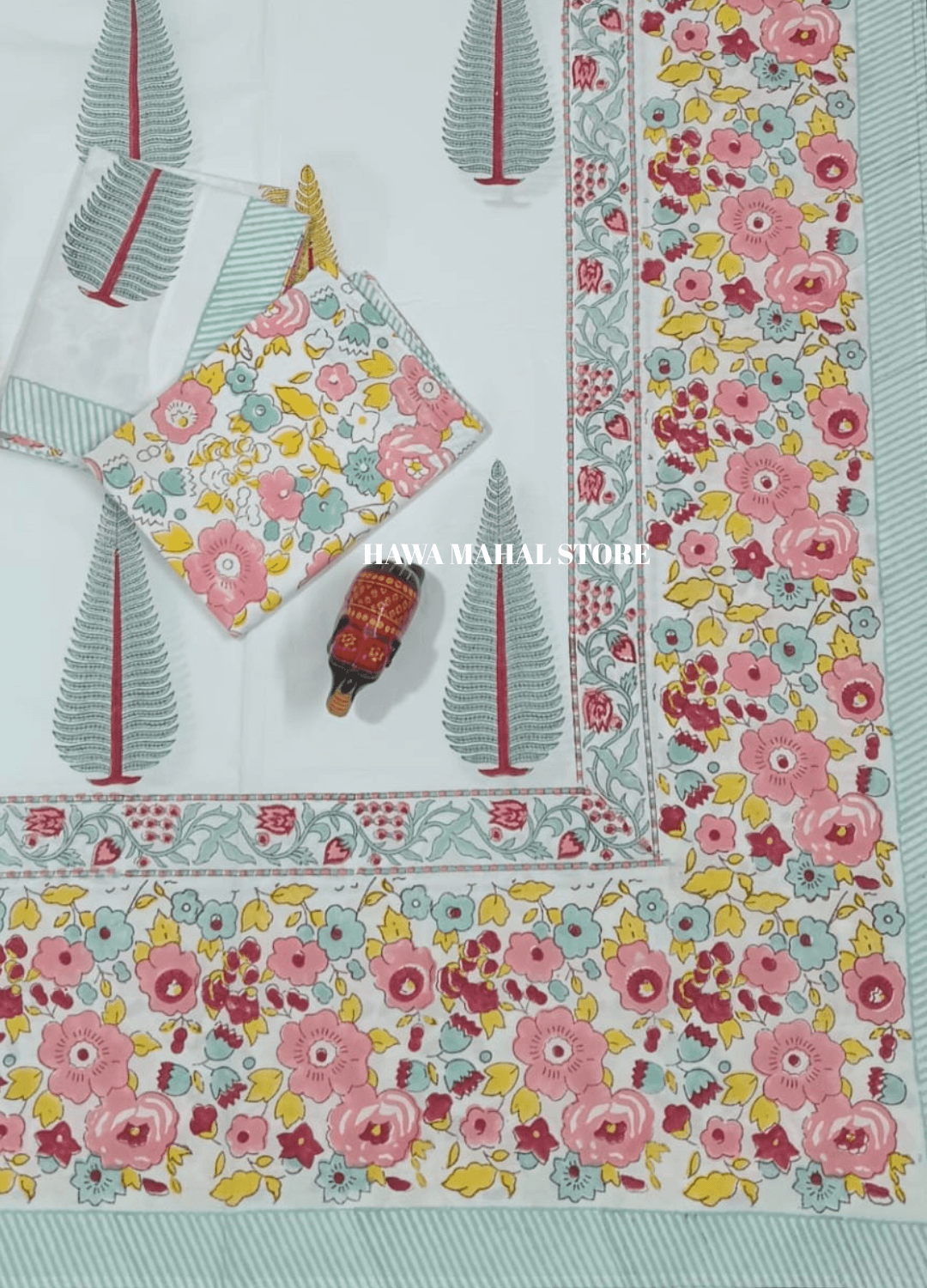 Handblock Print Percale Bedsheet with Reversible Pillow Covers