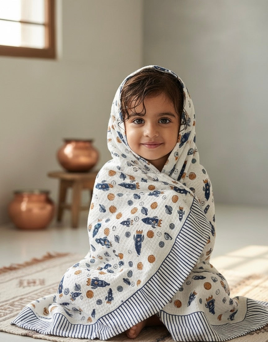 Hand Block Printed Kids Rocket Bath Towel – Soft & Quick-Drying
