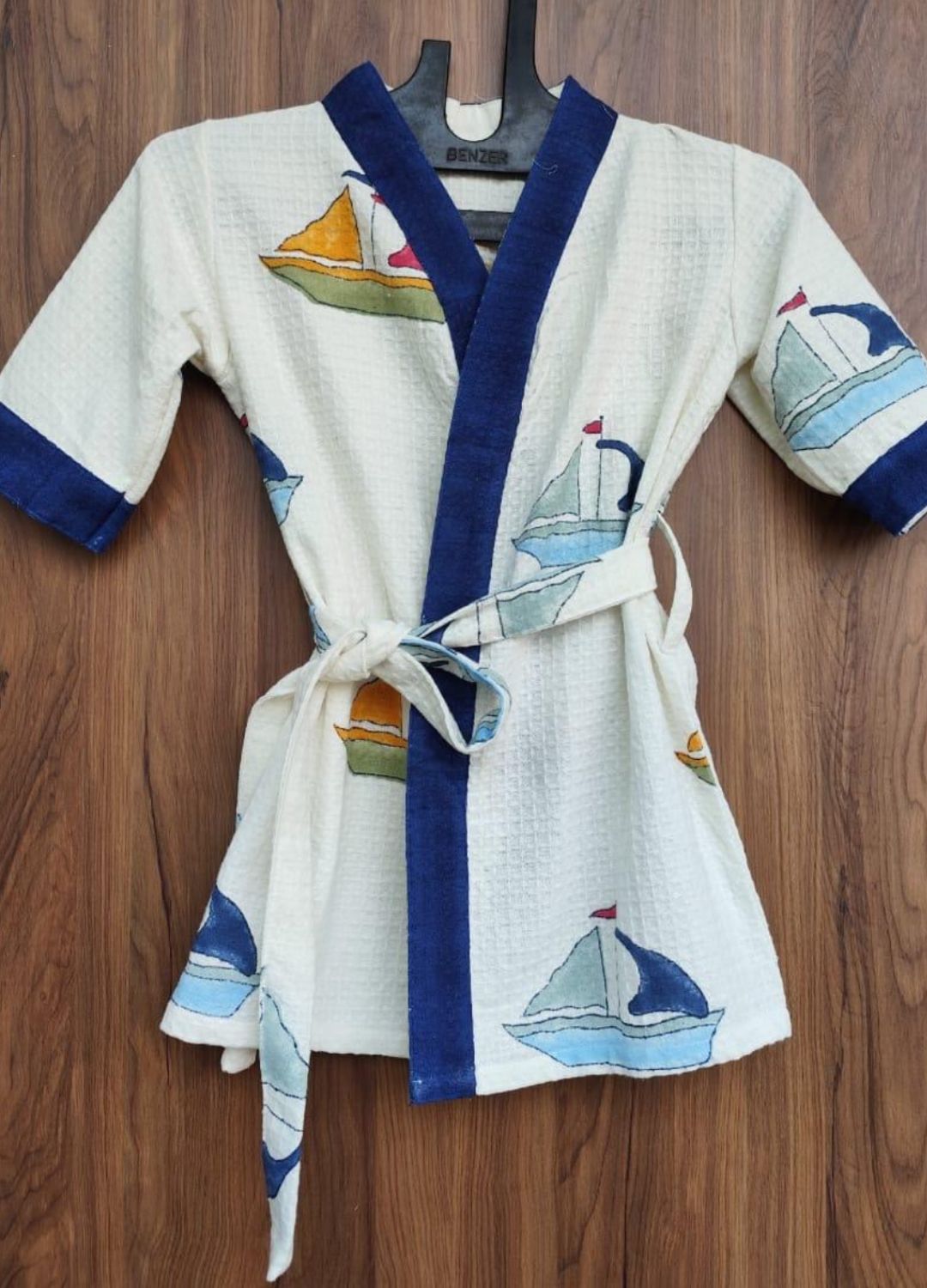 Hand Block Printed Kids Waffle Cotton Bathrobe - Ship