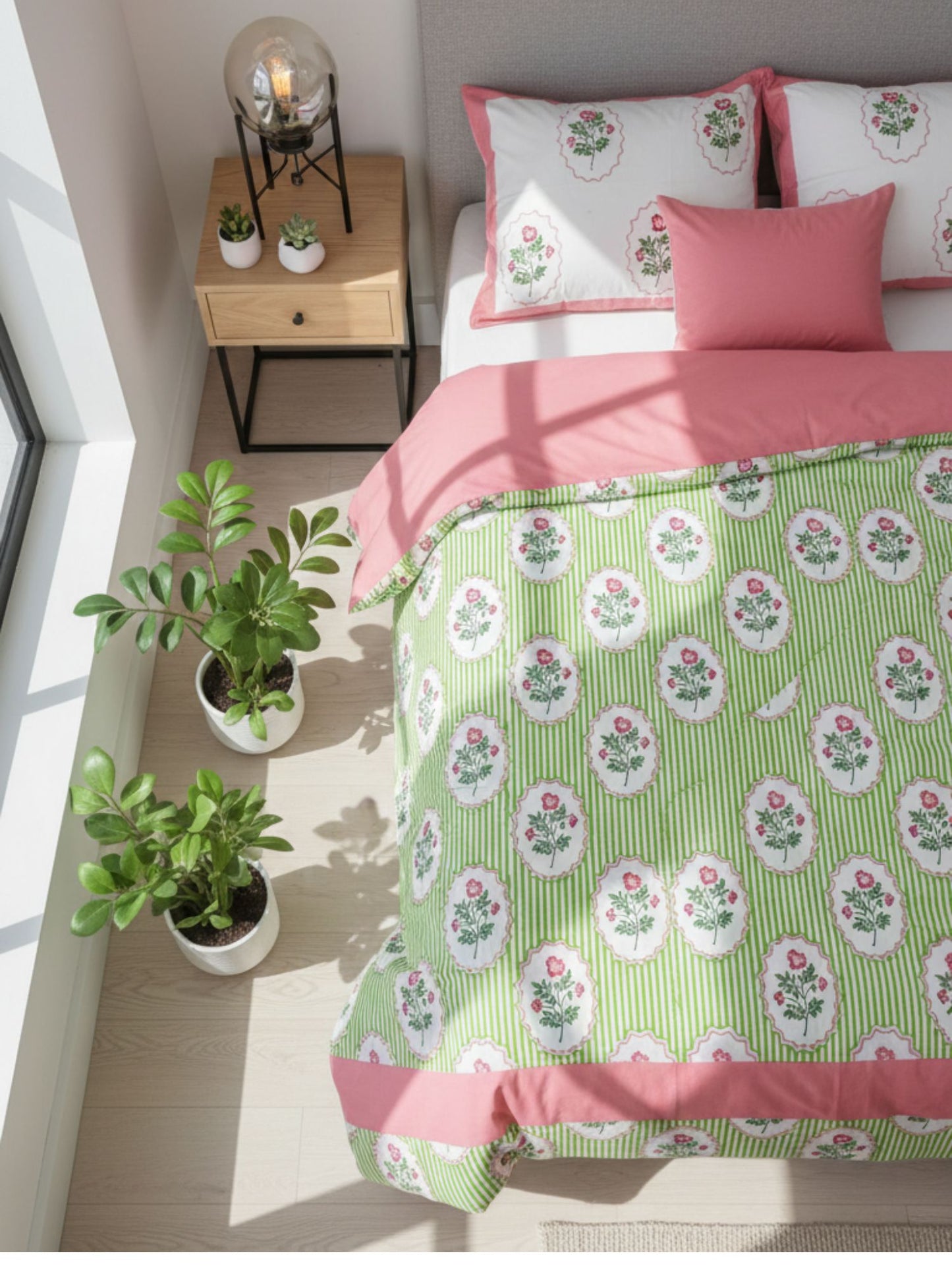 Taruni Collection - Hand Block Printed Super King Bedsheet with Reversible Pillow Covers (108 x 108 inches)