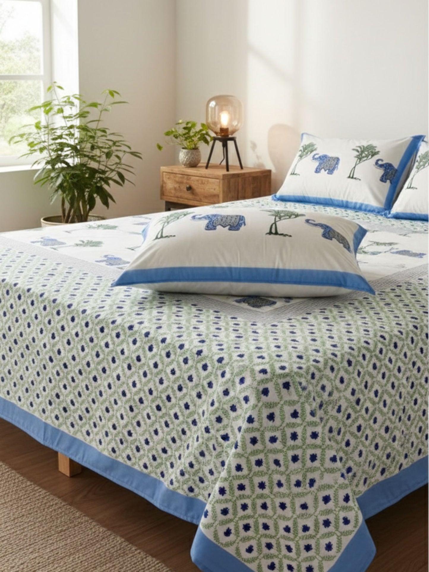 Hansani Hand Block Printed King Bedsheet with Reversible Pillow Covers (90 x 108 inches)