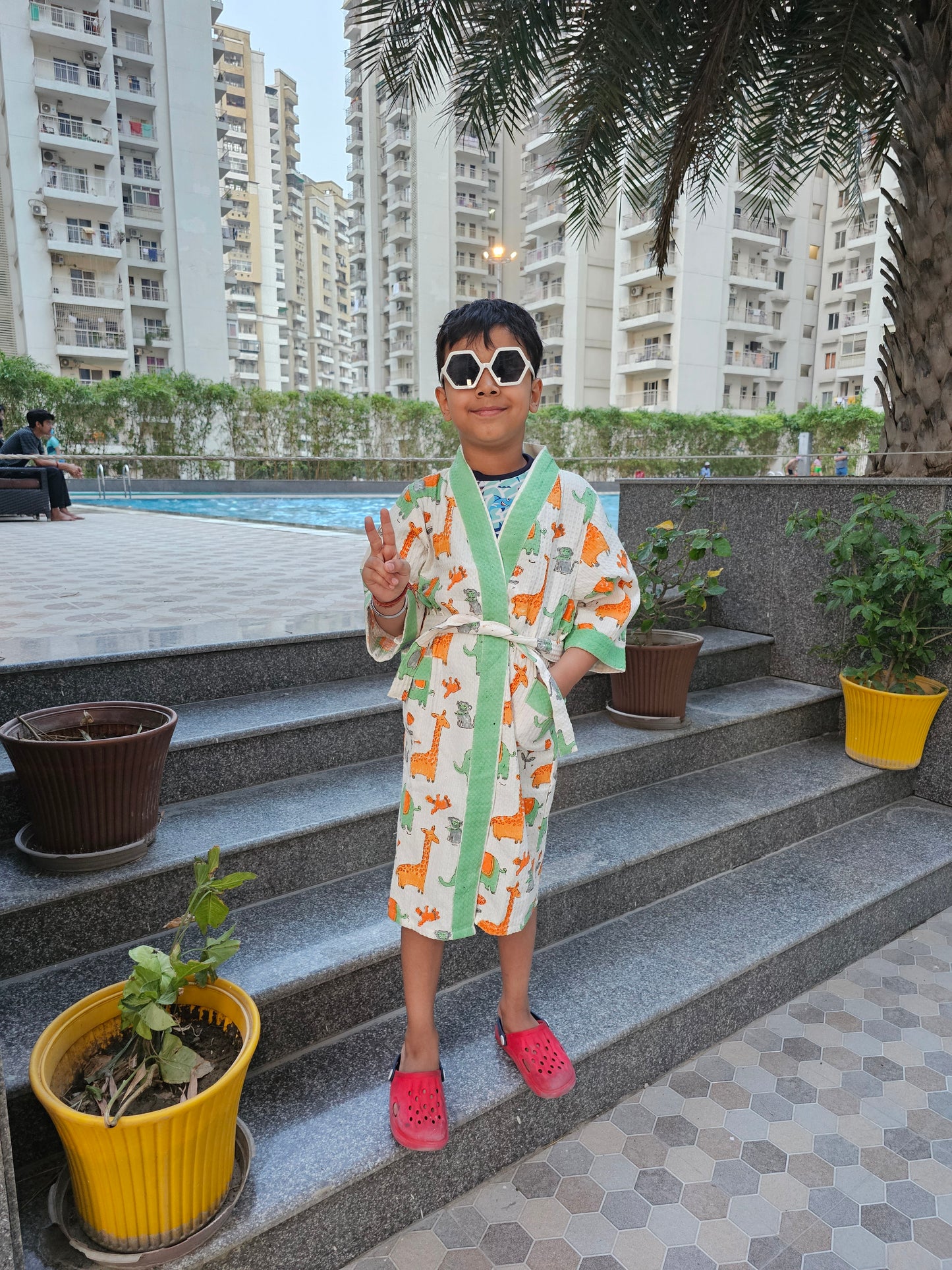 Hand Block Printed Kids Waffle Cotton Bathrobe - Jungle