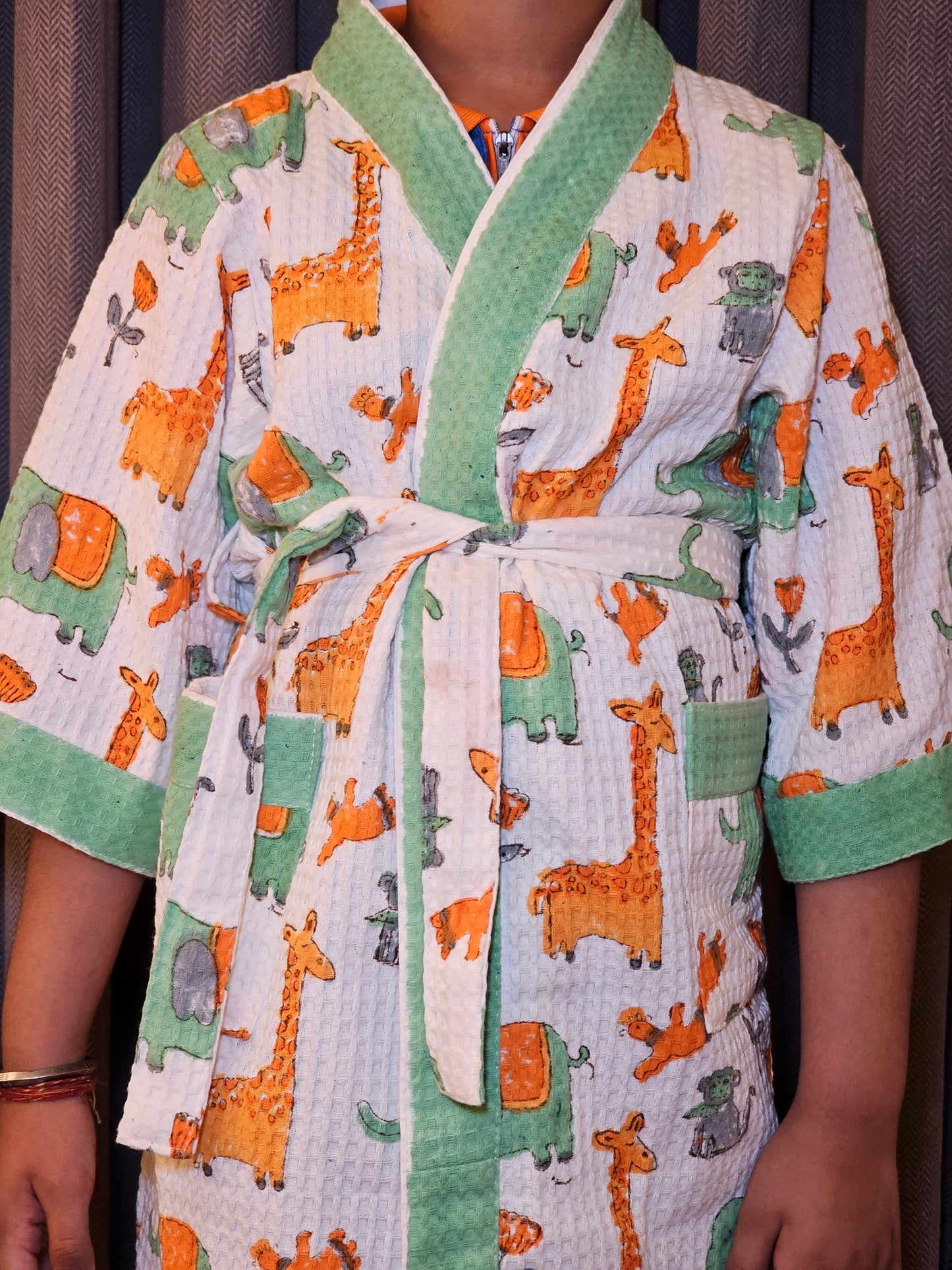 Hand Block Printed Kids Waffle Cotton Bathrobe - Jungle