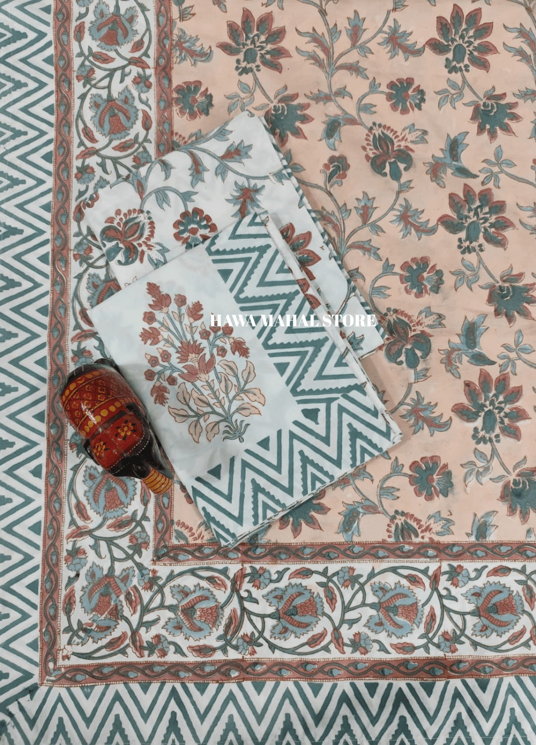 Handblock Print Percale Bedsheet with Reversible Pillow Covers