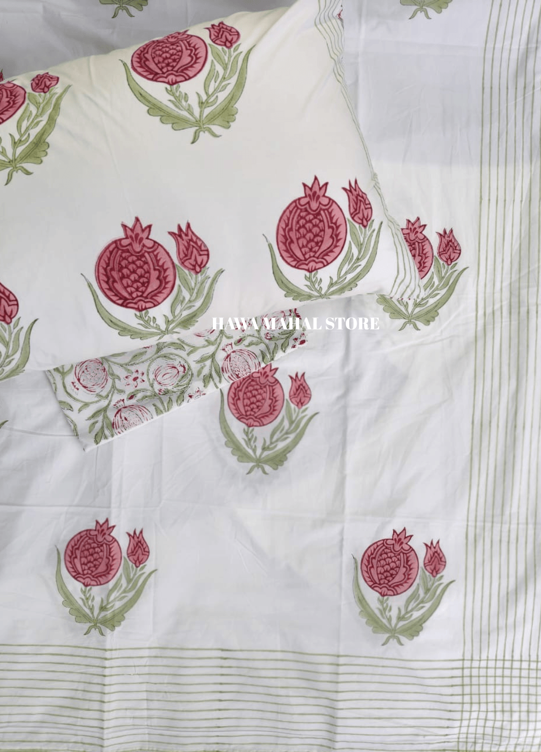 Handblock Print Percale Bedsheet with Reversible Pillow Covers