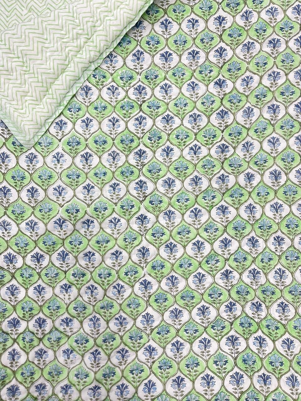 Green Handblock Printed Reversible Mulmul Cotton Quilt - Double (90 x 108 inch)