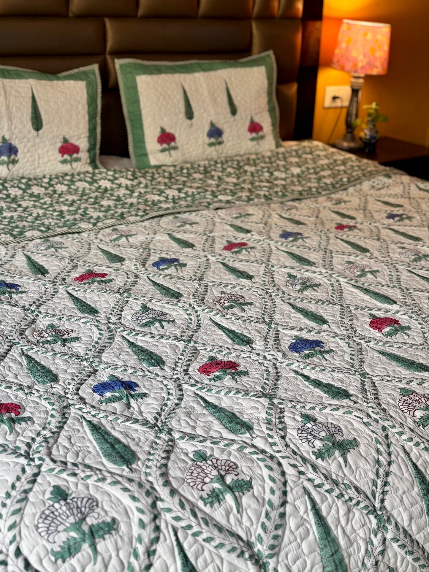 Jewel Bagh Collection - Handcrafted Quilted Cotton Bedcover with Two Pillow Covers