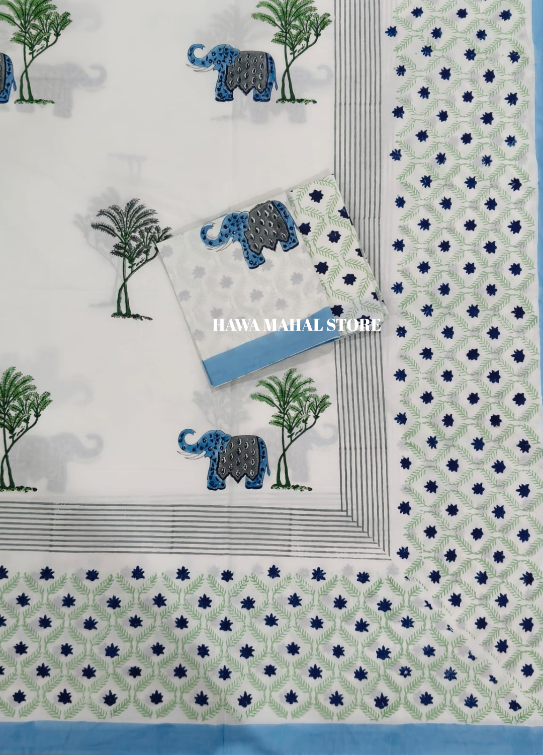 Handblock Print Percale Bedsheet with Reversible Pillow Covers