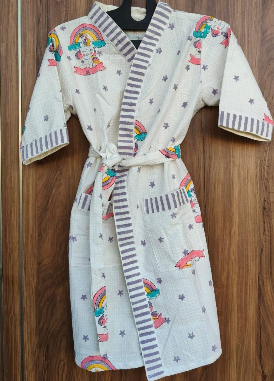 Hand Block Printed Kids Waffle Cotton Bathrobe - Unicorn