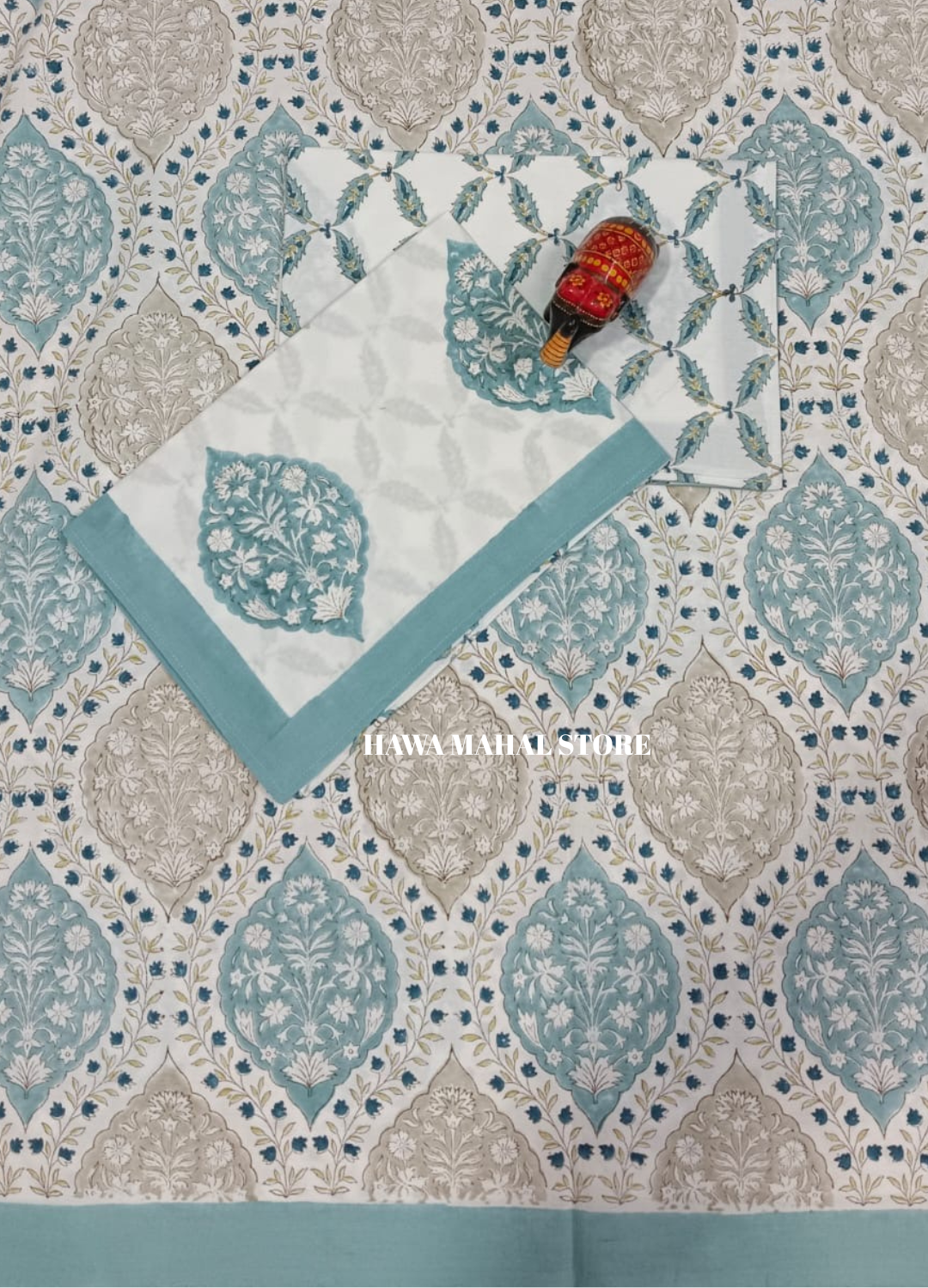 Handblock Print Percale Bedsheet with Reversible Pillow Covers