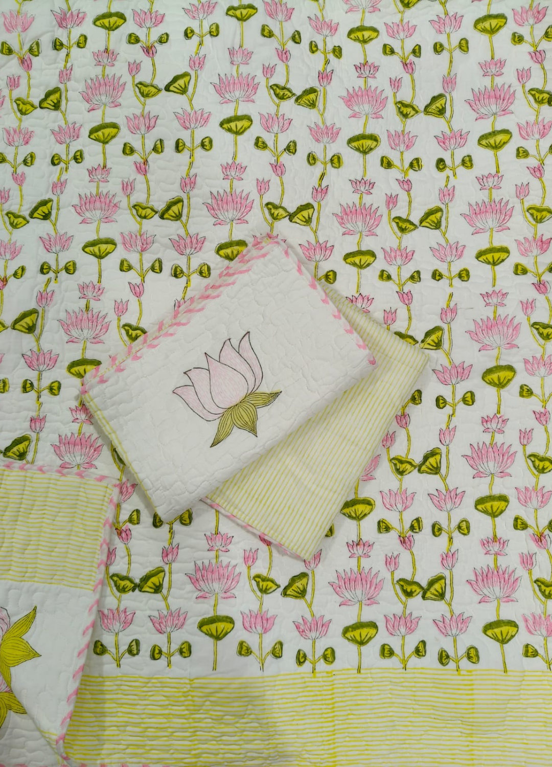 Handcrafted Quilted Cotton Bedcover with Two Pillow Covers