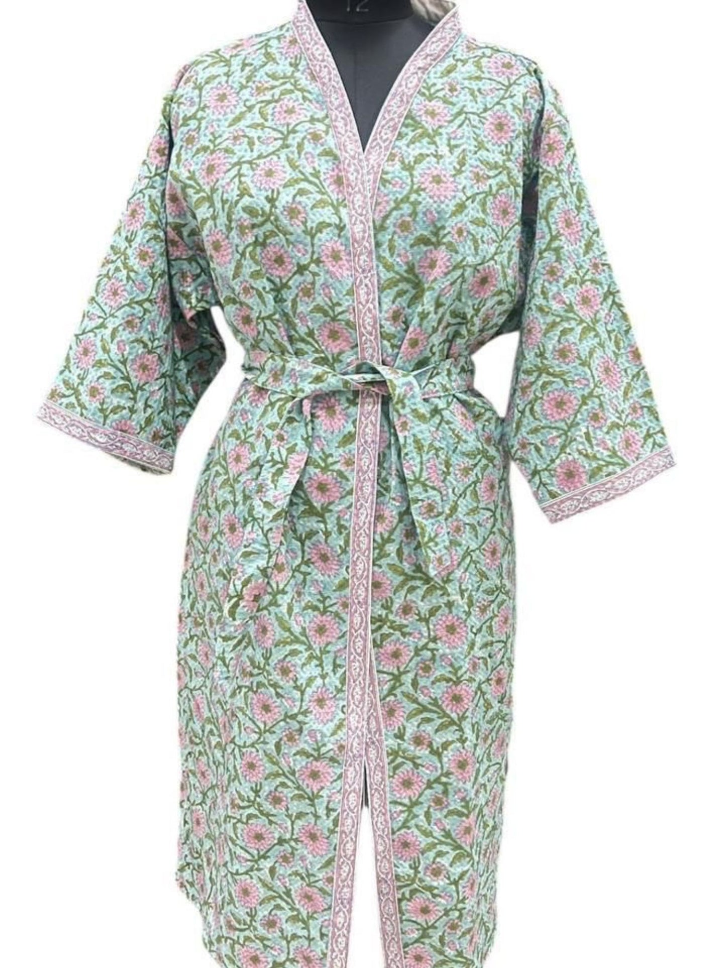 Green Hand Block Printed Cotton Waffle Bathrobe – Ultra Soft & Absorbent