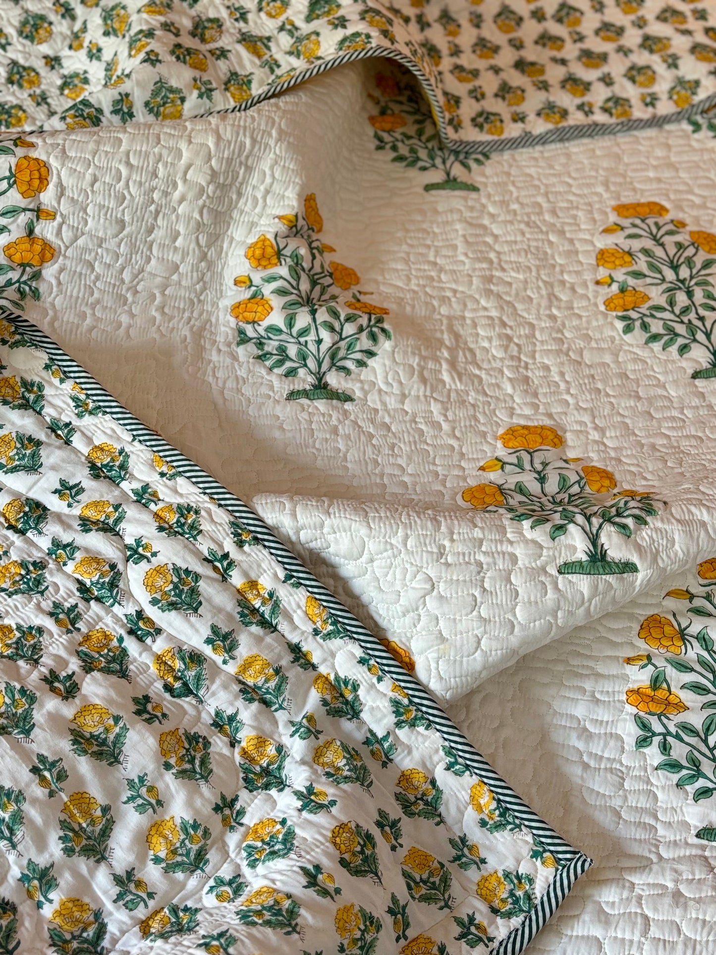 Gulmohar Bagh Collection - Handcrafted Quilted Cotton Bedcover with Two Pillow Covers