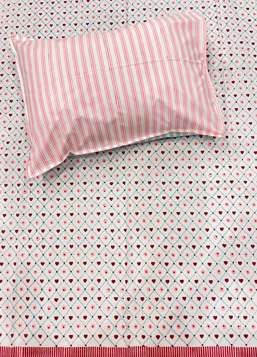 Handblock Kids Percale Single Bedsheet – Pink Heart