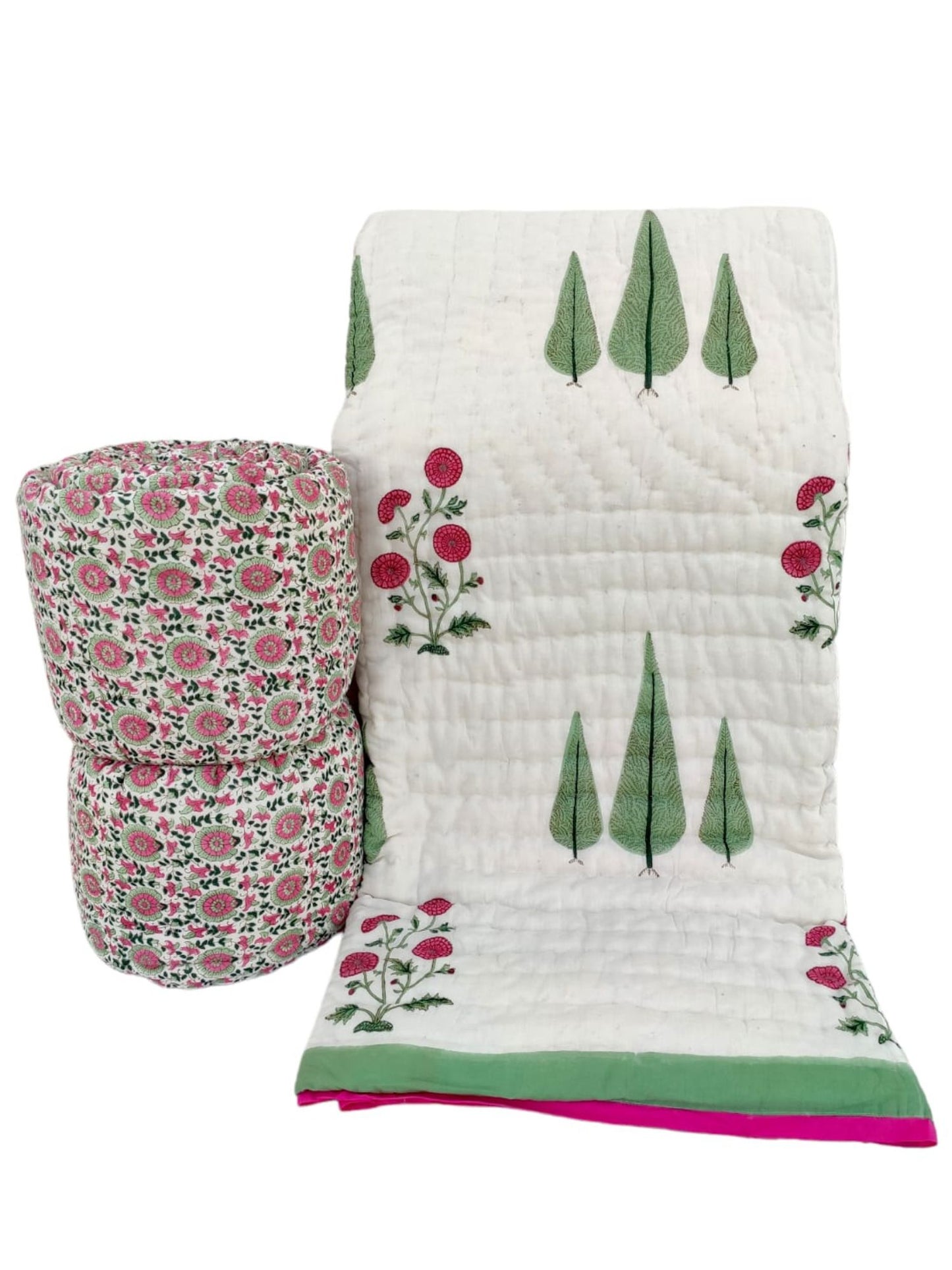 Jaipuri Quilt- Handblock Printed Reversible Mulmul Cotton Quilt - Double (90 x 108 inch)