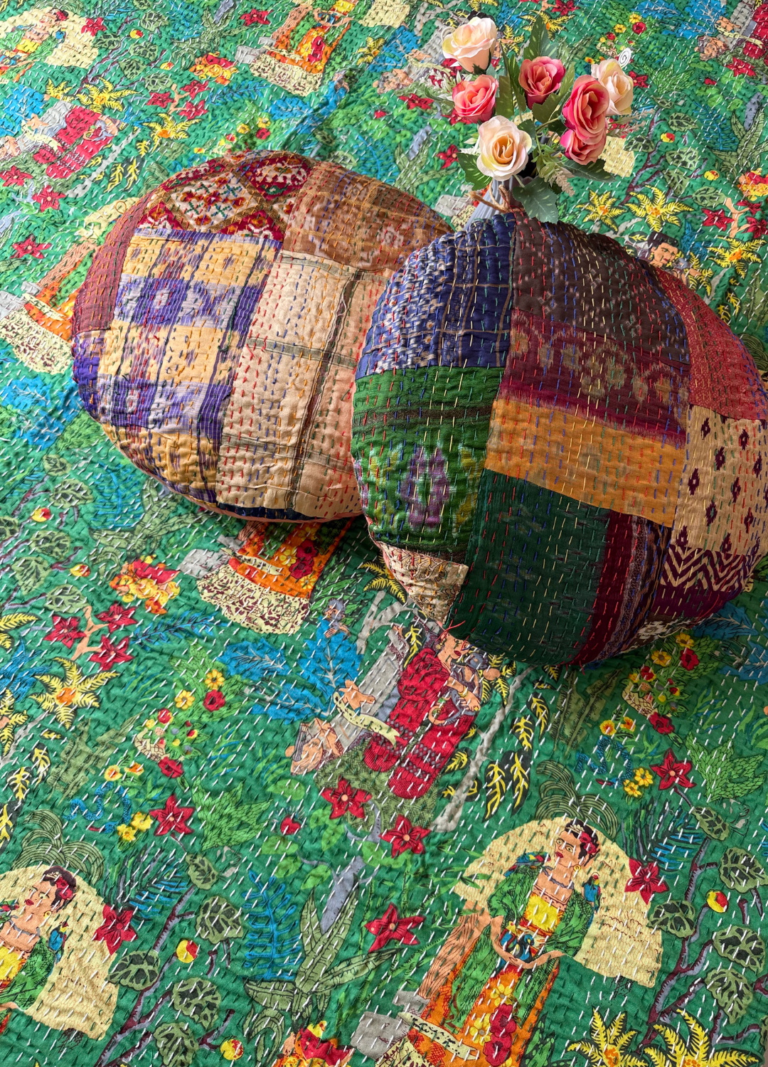 Green Frida Kantha Luxury Bedcover - 90x108 inch