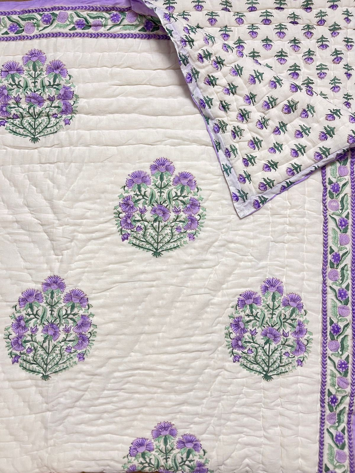Purple Handblock Printed Reversible Mulmul Cotton Quilt - Double (90 x 108 inch)