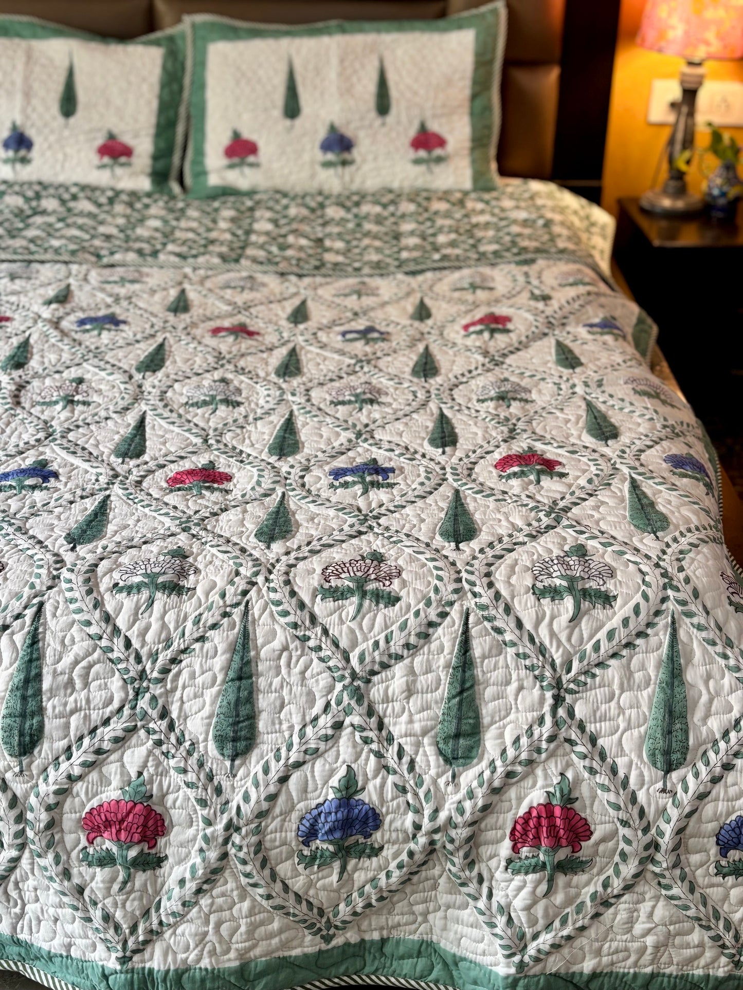 Jewel Bagh Collection - Handcrafted Quilted Cotton Bedcover with Two Pillow Covers