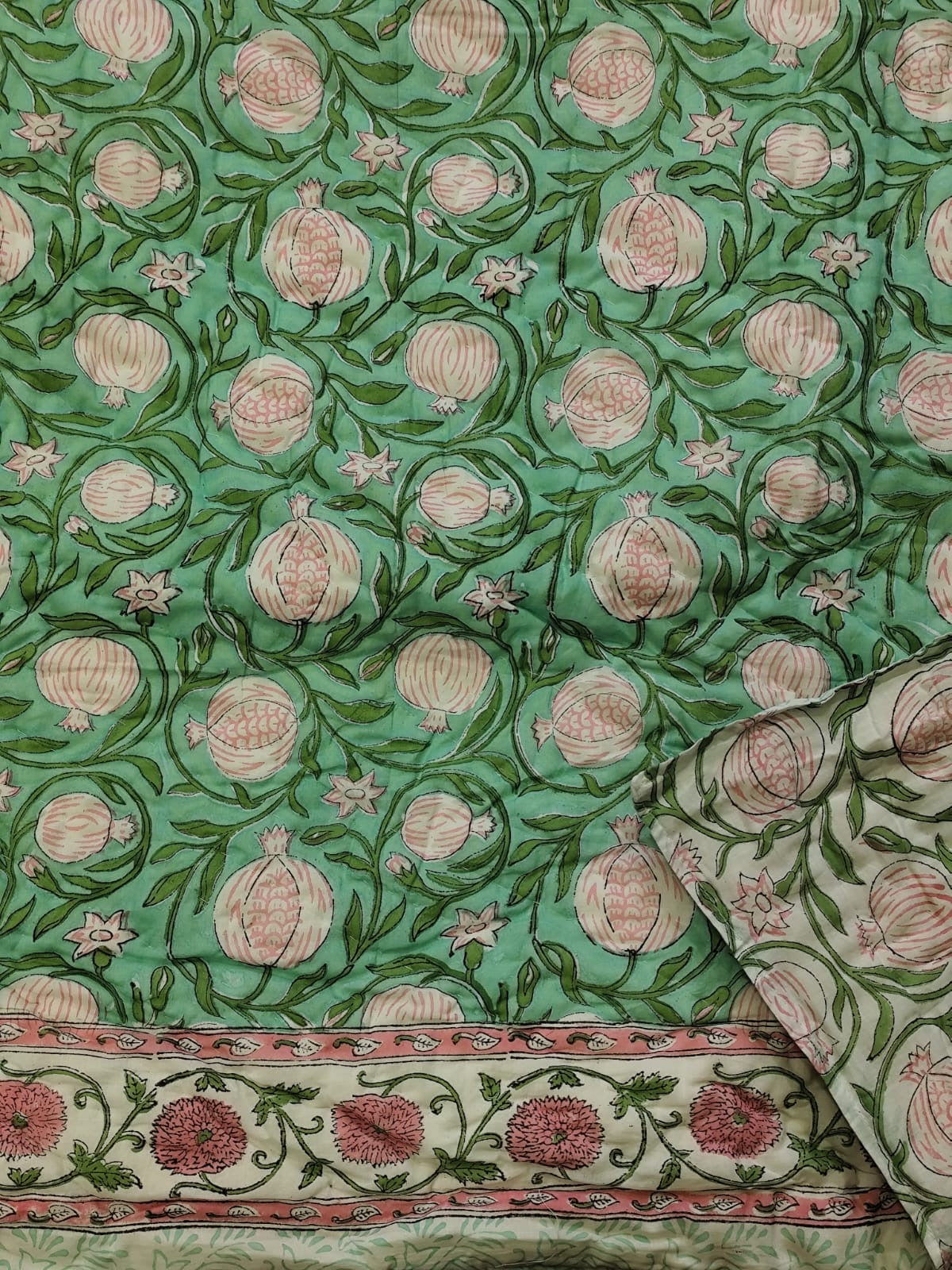 Green Floral Jaipuri Quilt- Handblock Printed Reversible Mulmul Cotton Quilt - Double (90 x 108 inch)