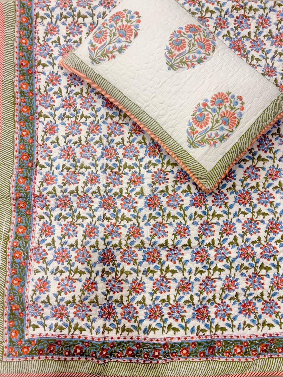 Handcrafted Quilted Cotton Bedcover with Two Pillow Covers