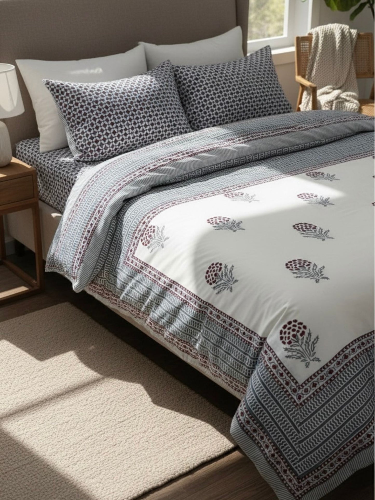 Manjari Hand Block Printed King Bedsheet with Reversible Pillow Covers (90 x 108 inches)