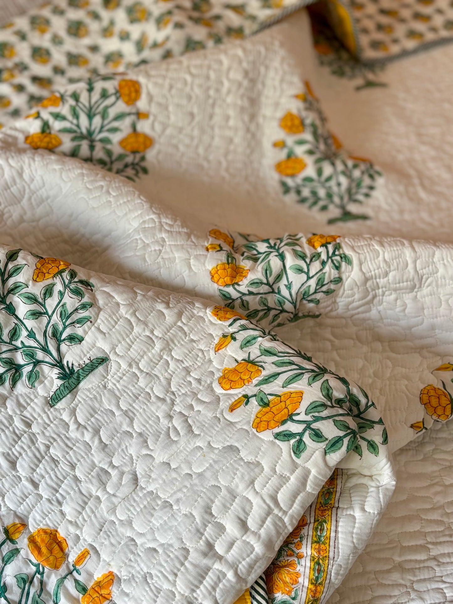 Gulmohar Bagh Collection - Handcrafted Quilted Cotton Bedcover with Two Pillow Covers