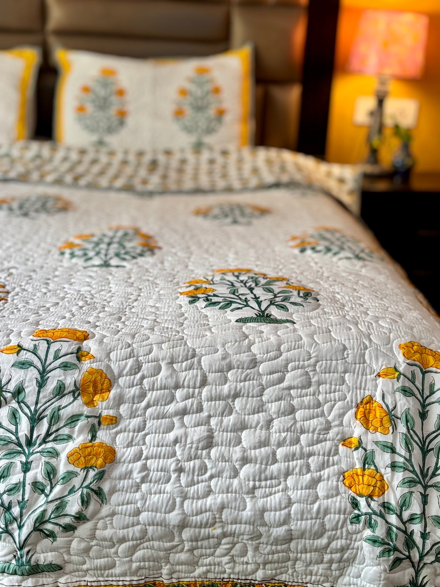 Gulmohar Bagh Collection - Handcrafted Quilted Cotton Bedcover with Two Pillow Covers