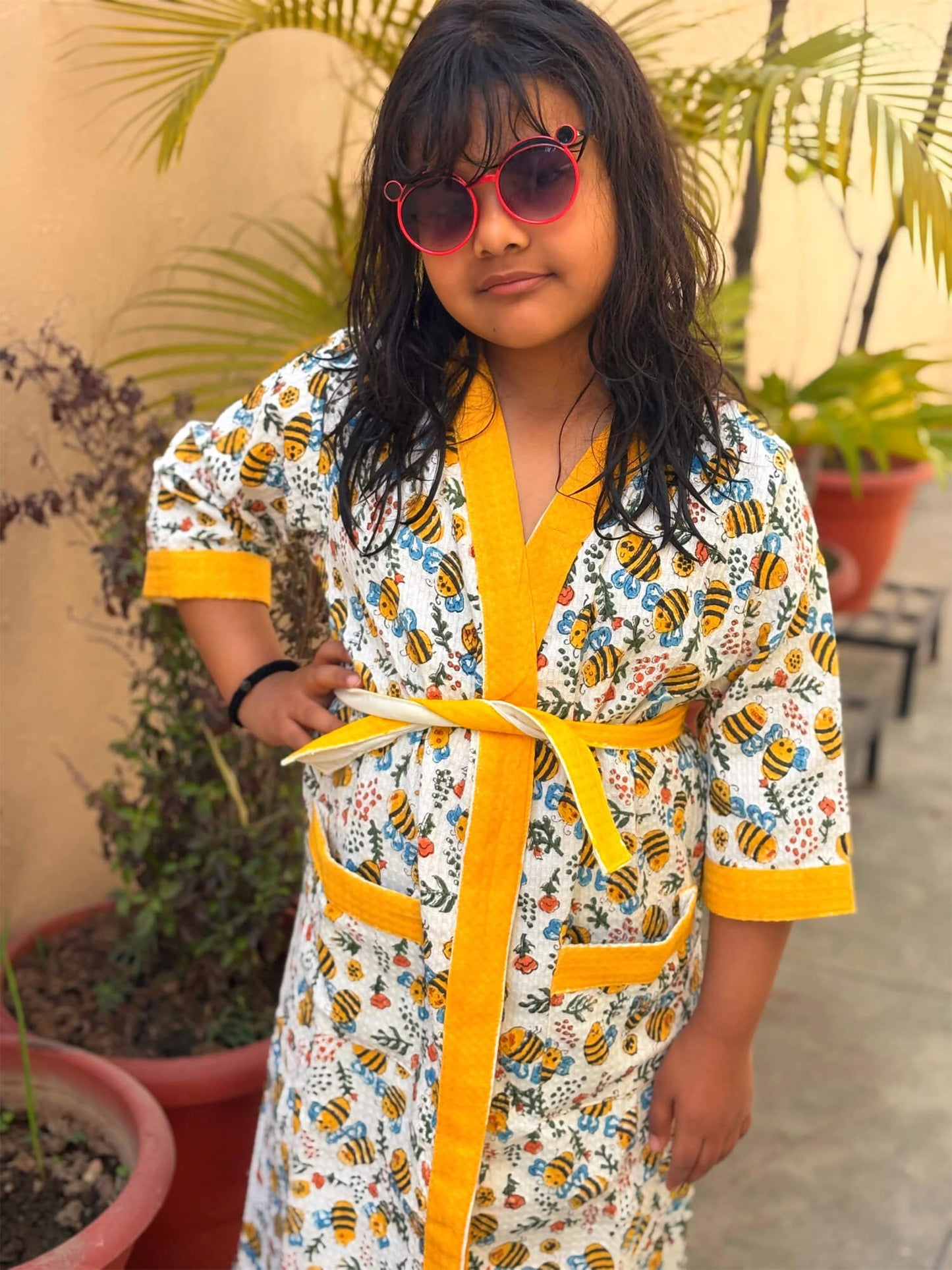Hand Block Printed Kids Waffle Cotton Bathrobe - Honey Bee