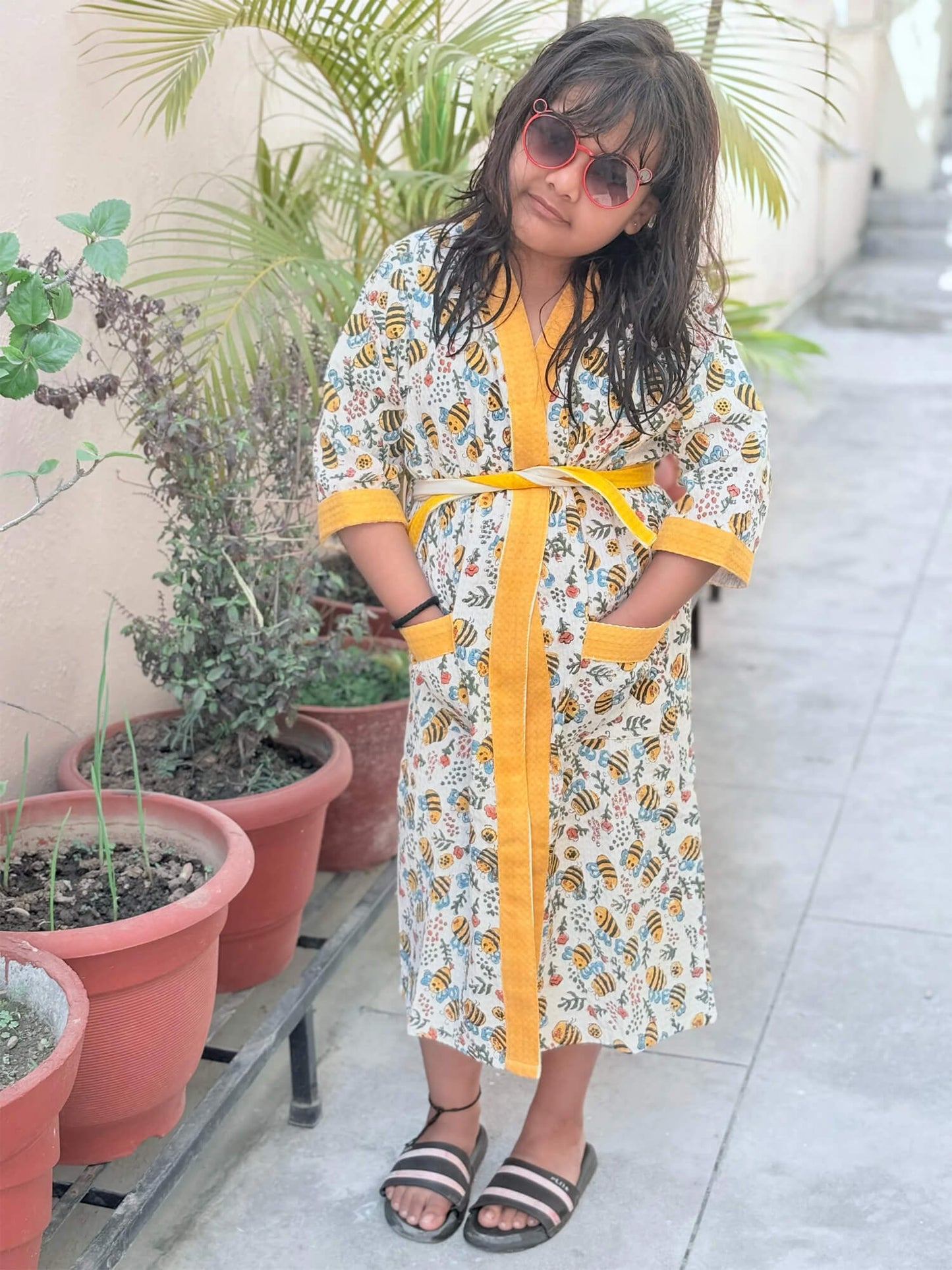 Hand Block Printed Kids Waffle Cotton Bathrobe - Honey Bee