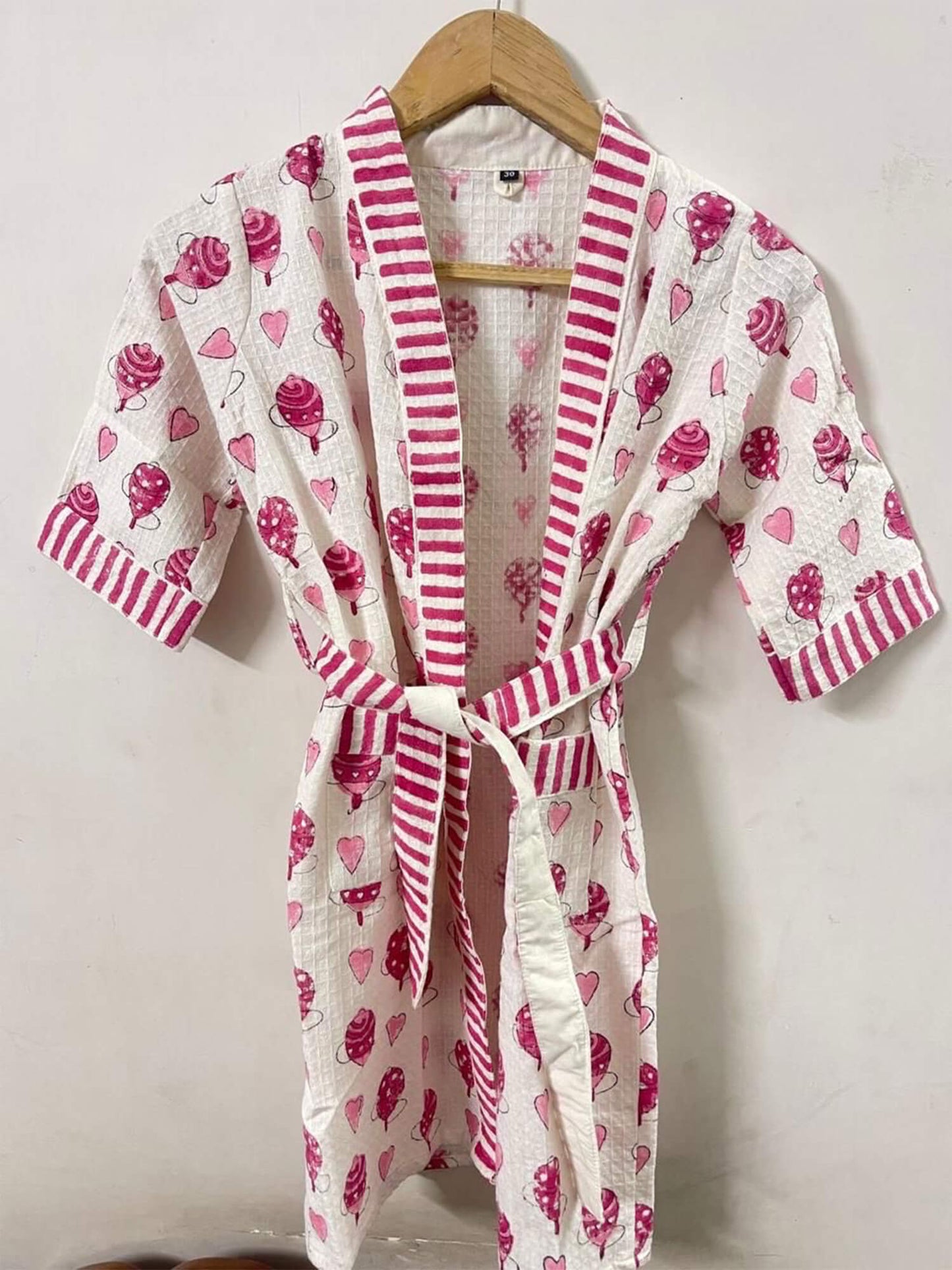 Hand Block Printed Kids Waffle Cotton Bathrobe - Pink Balloons