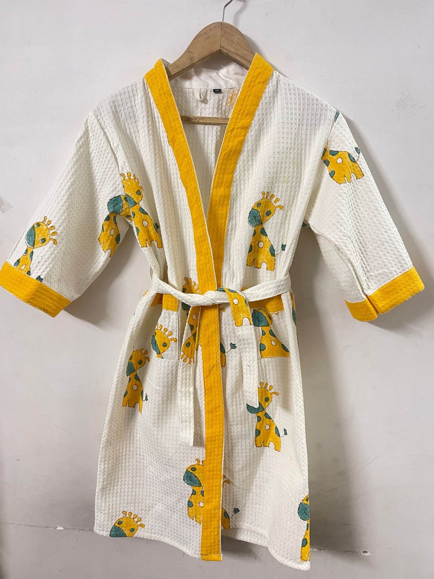 Hand Block Printed Kids Waffle Cotton Bathrobe - Giraffe