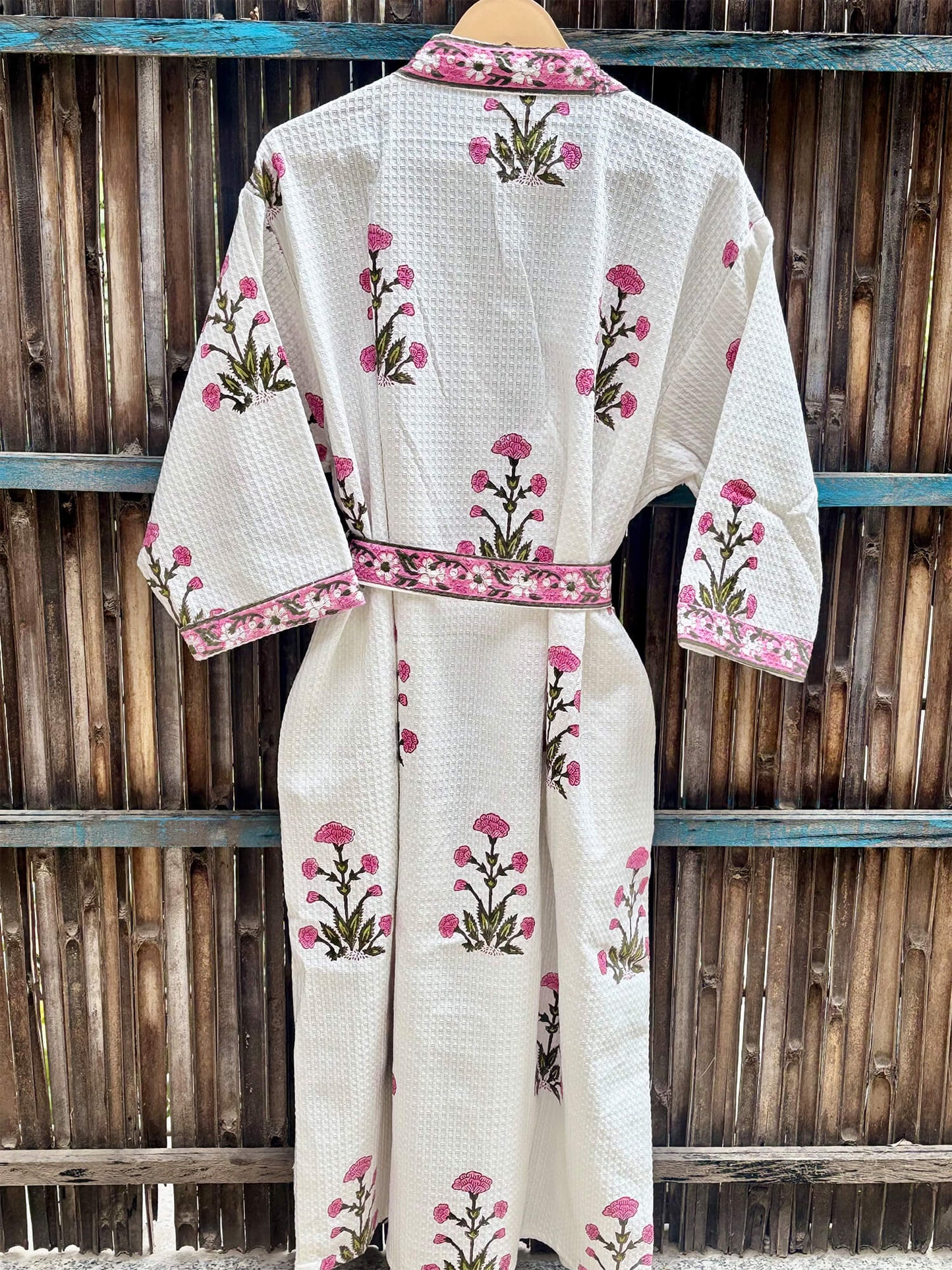 Pink Hand Block Printed Cotton Waffle Bathrobe – Ultra Soft & Absorbent