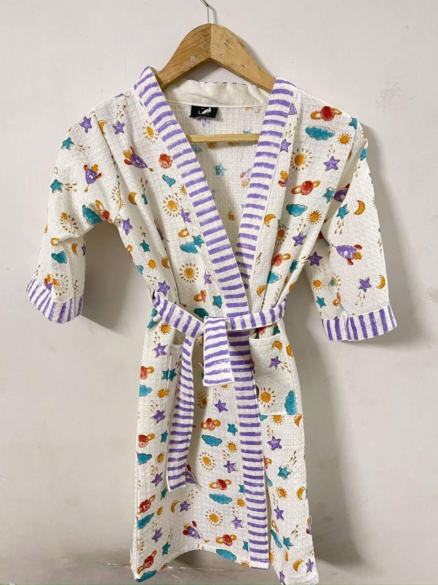 Hand Block Printed Kids Waffle Cotton Bathrobe - Galaxy