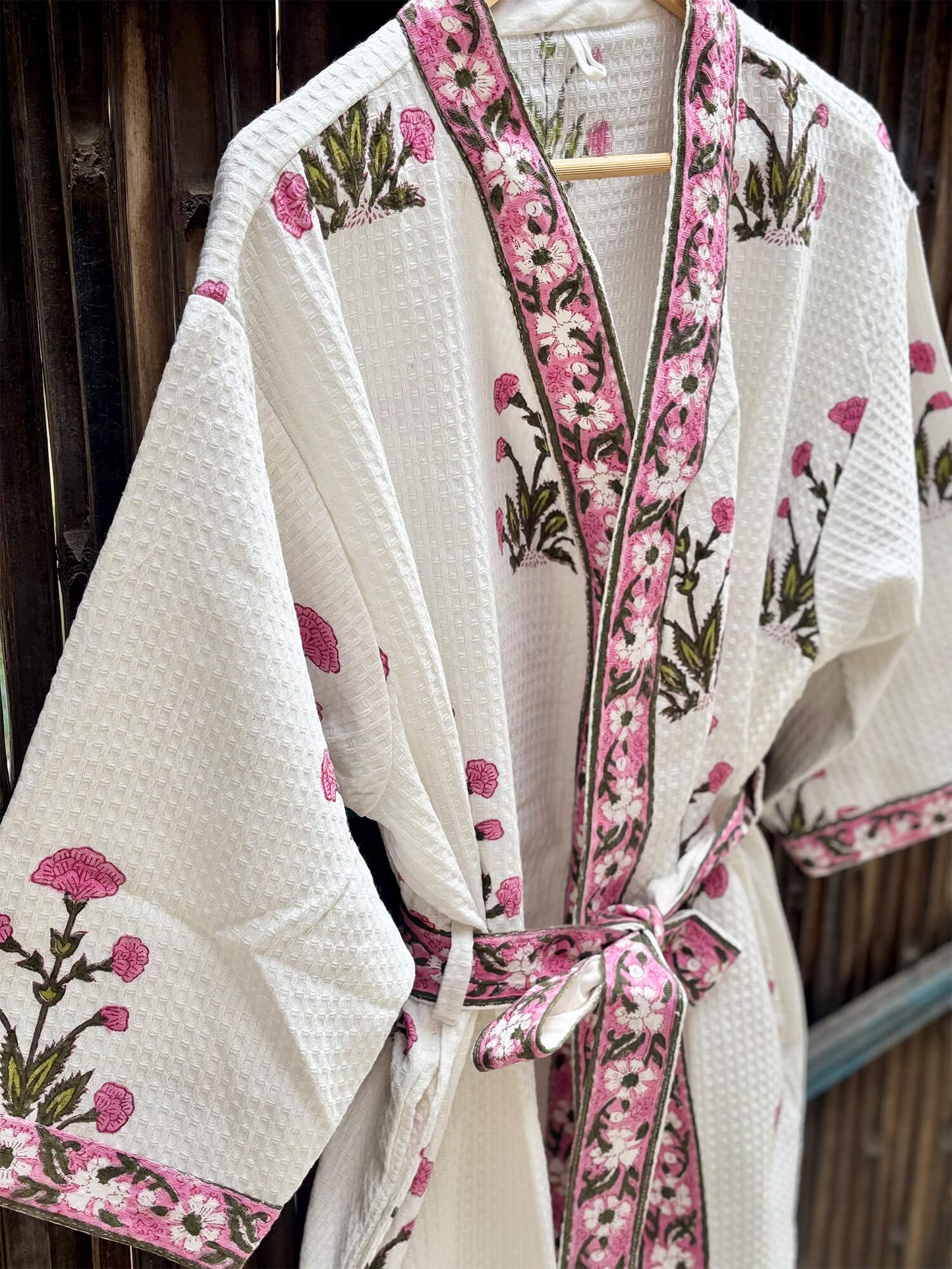 Pink Hand Block Printed Cotton Waffle Bathrobe – Ultra Soft & Absorbent