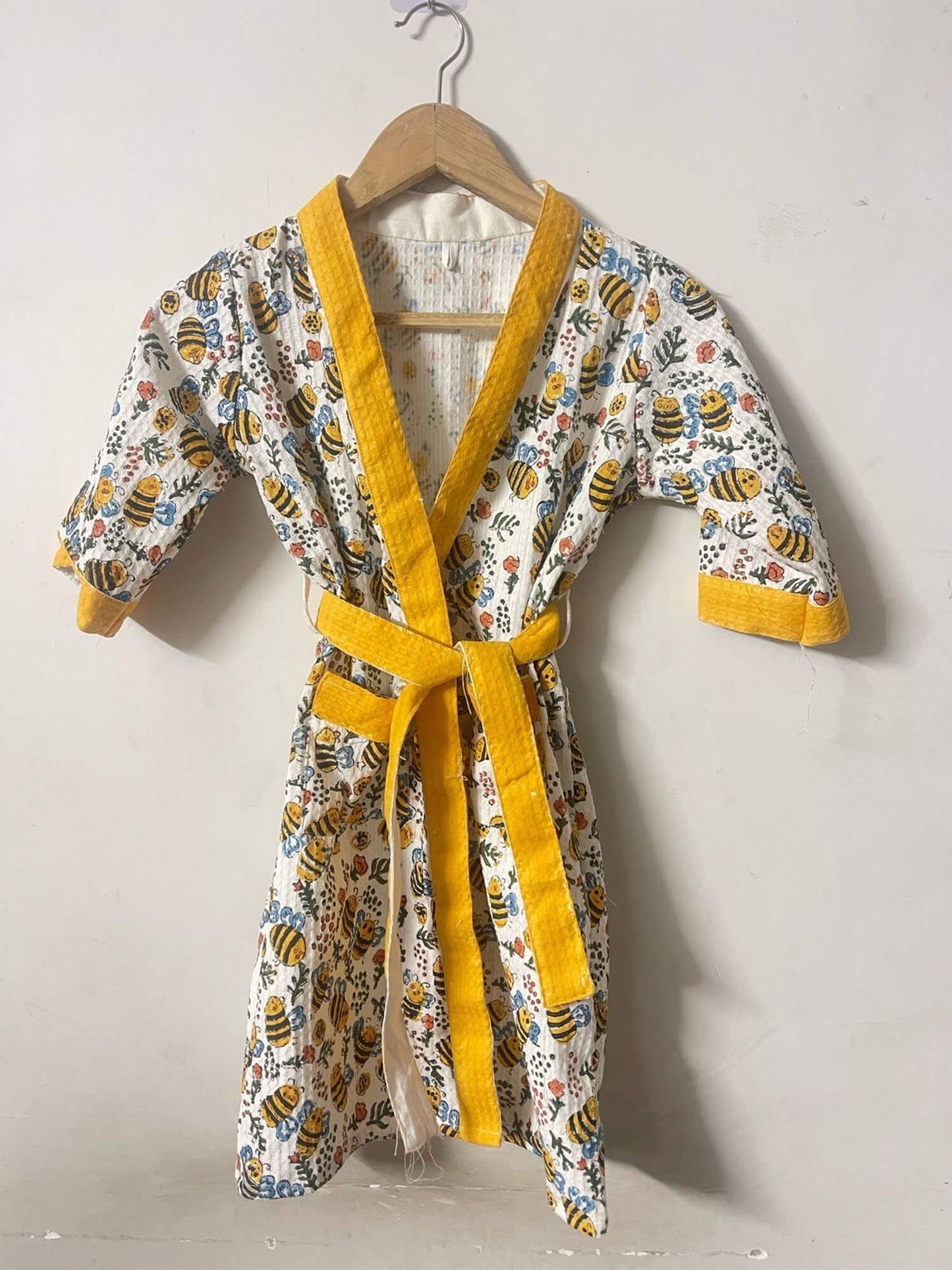 Hand Block Printed Kids Waffle Cotton Bathrobe - Honey Bee
