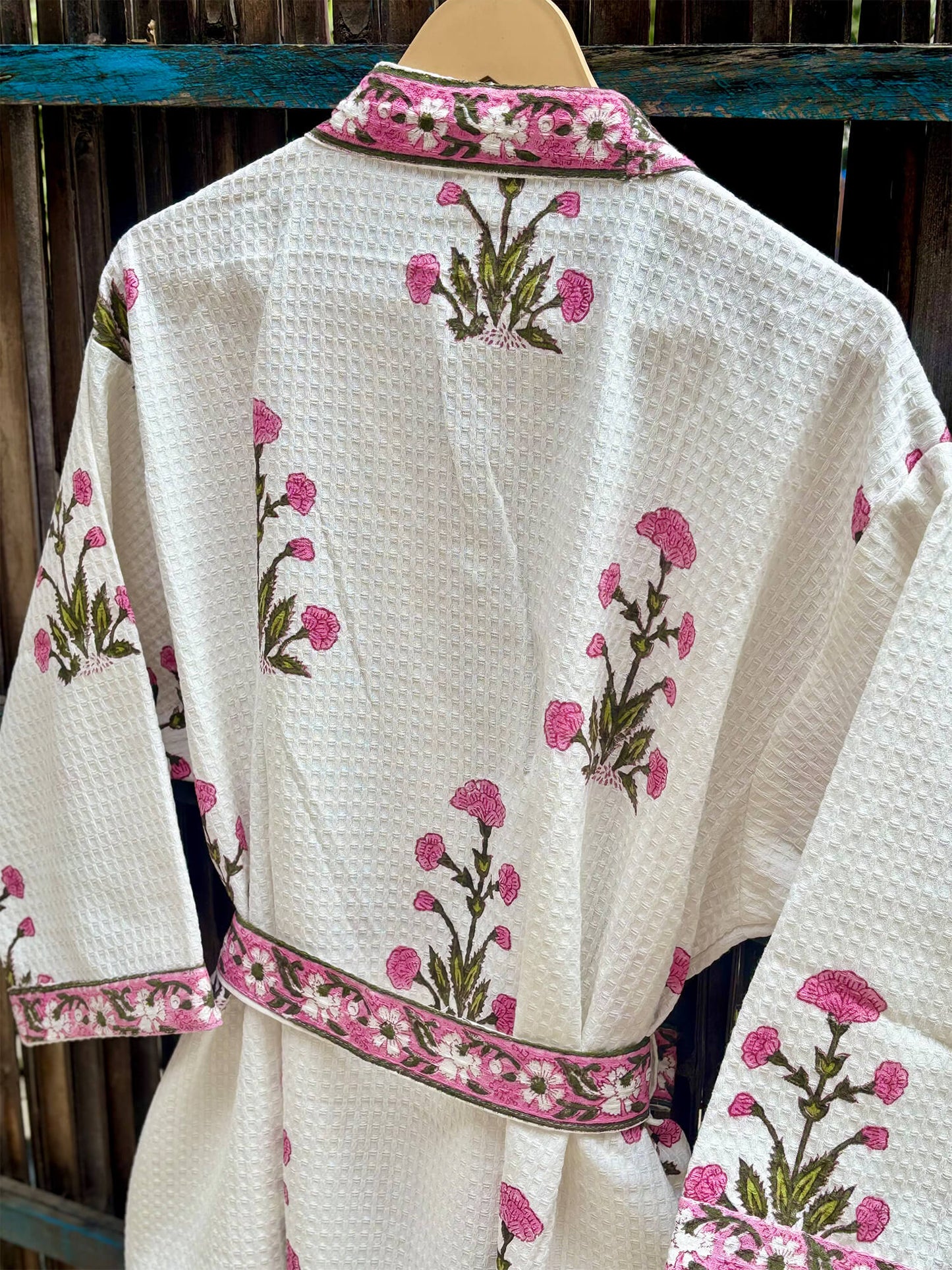 Pink Hand Block Printed Cotton Waffle Bathrobe – Ultra Soft & Absorbent