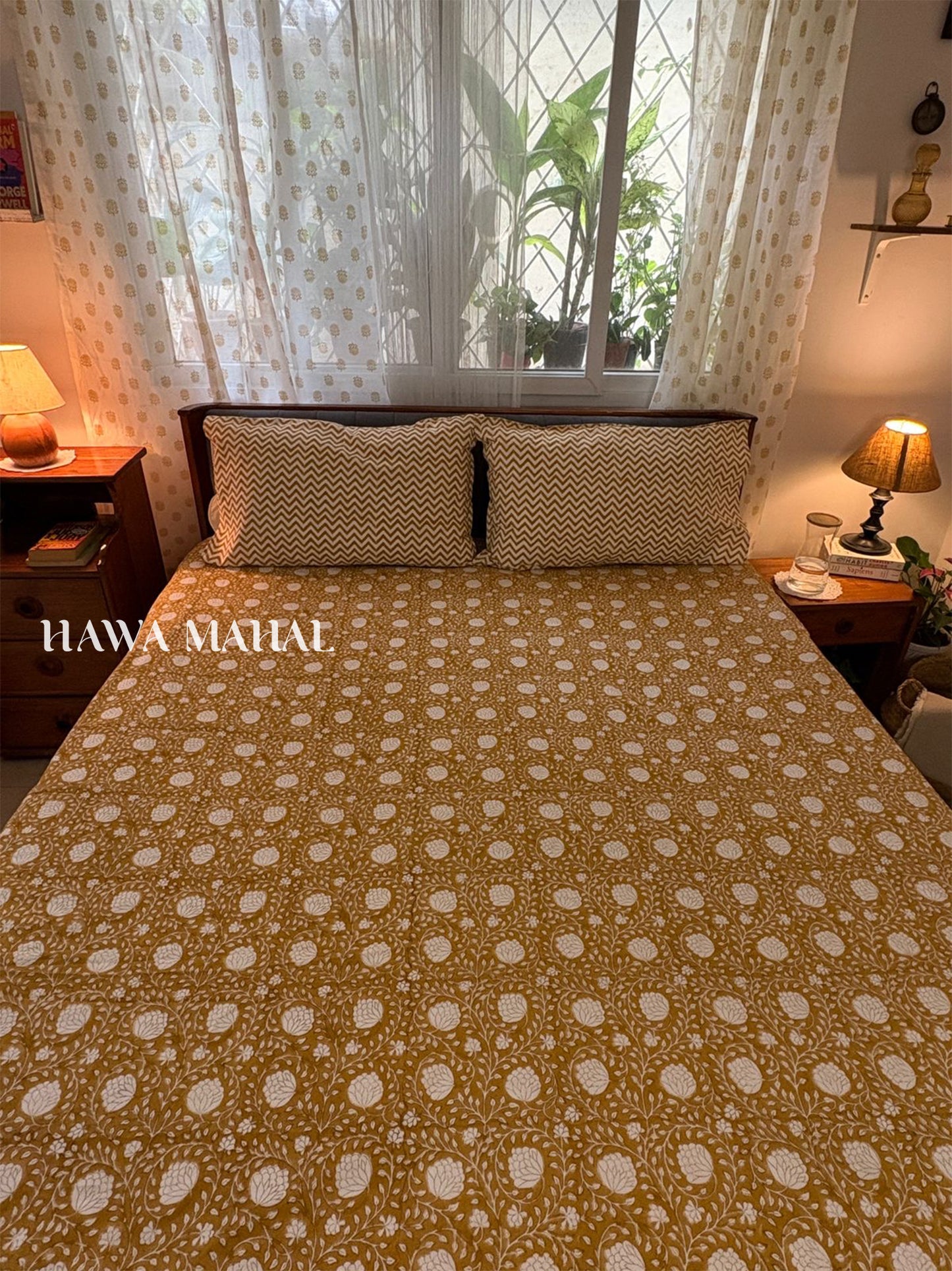 Mustard Hand Block Printed King Bedsheet with Reversible Pillow Covers (90 x 108 inches)