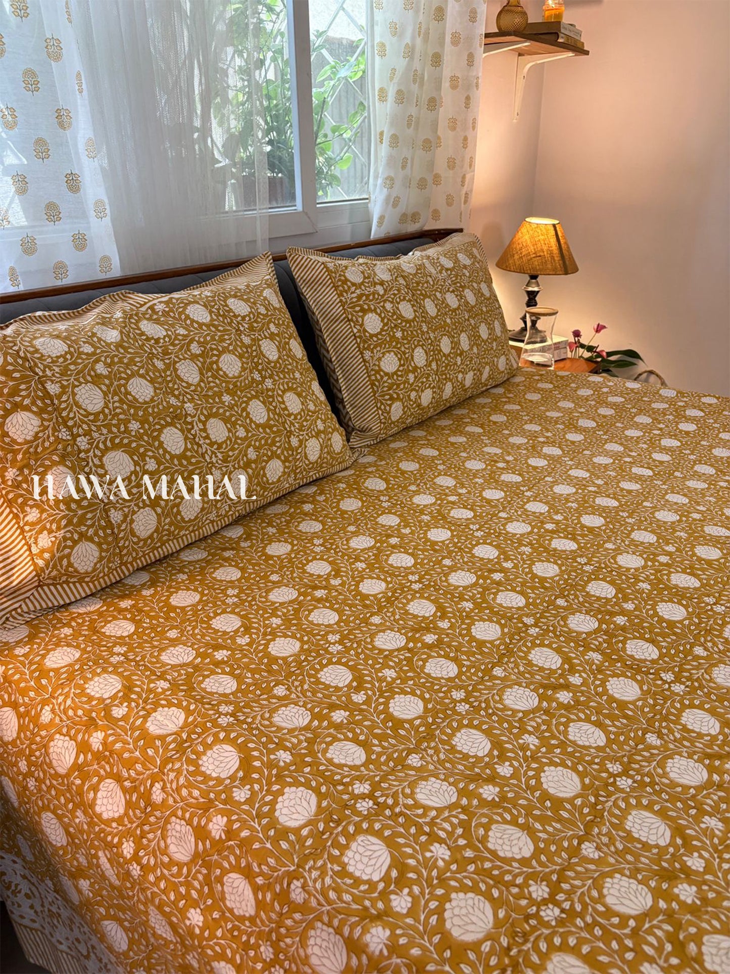 Mustard Hand Block Printed King Bedsheet with Reversible Pillow Covers (90 x 108 inches)